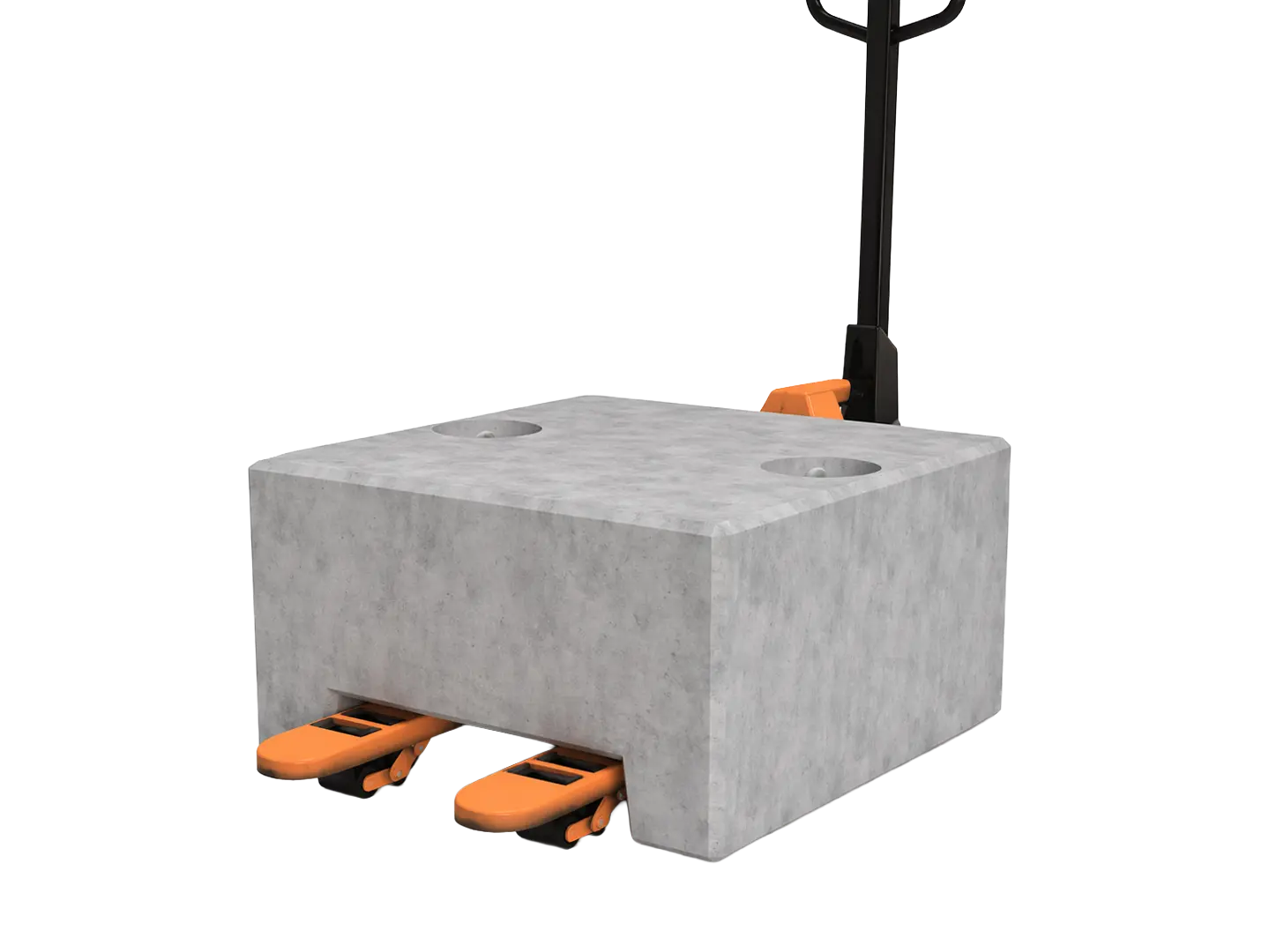 Plot béton 1000 kg pour clôture de chantier déplacé avec transpalette, bloc de lestage avec passages de fourches.
