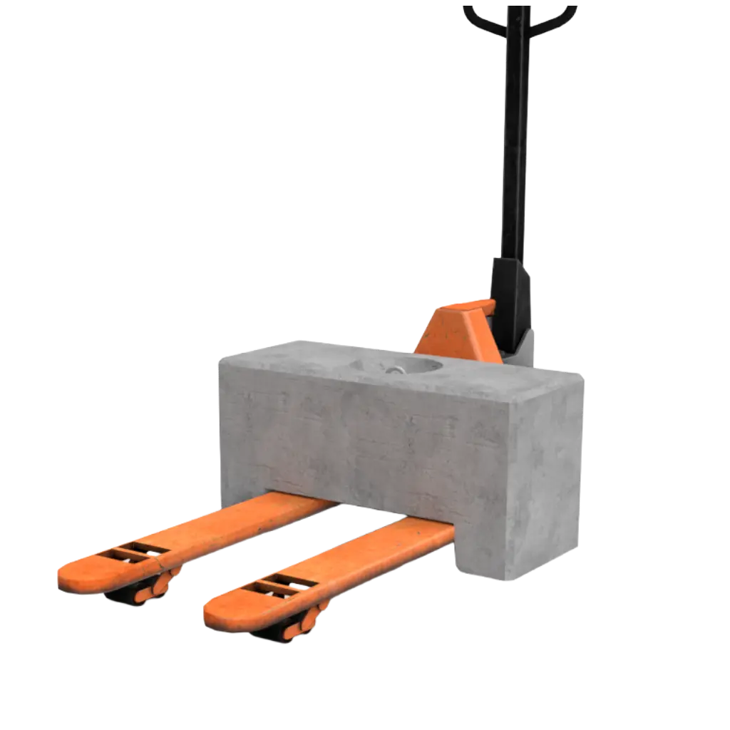 Plot béton 250 kg transporté au transpalette, lest de chantier facile à manipuler.