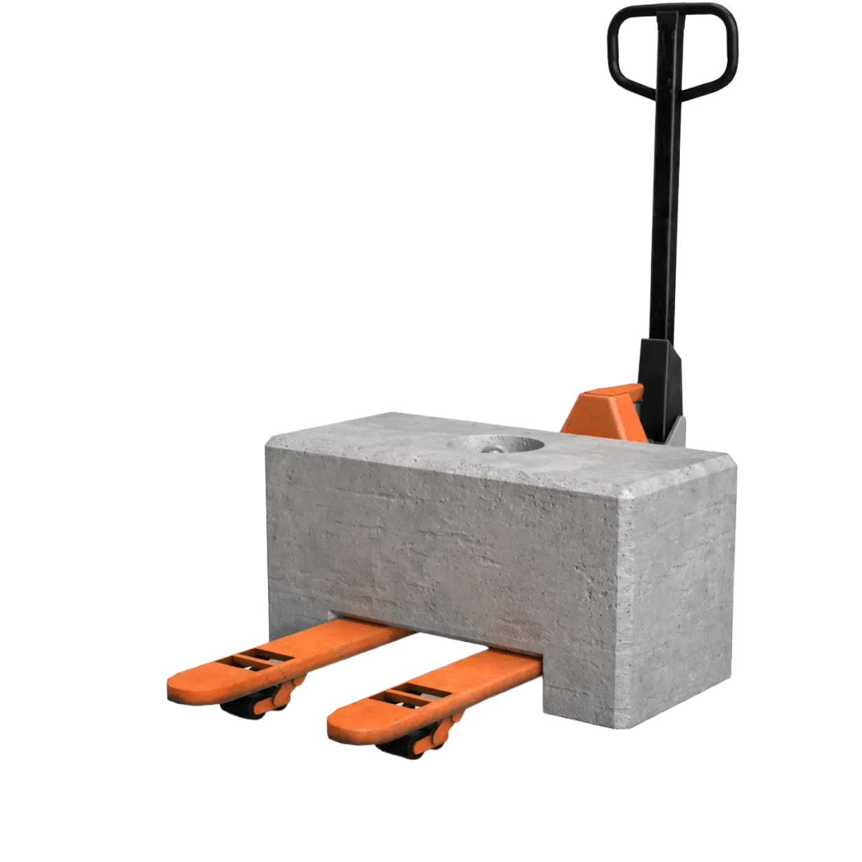 Plot béton 500 kg manipulé au transpalette, lest lourd pour stabilisation de clôtures.