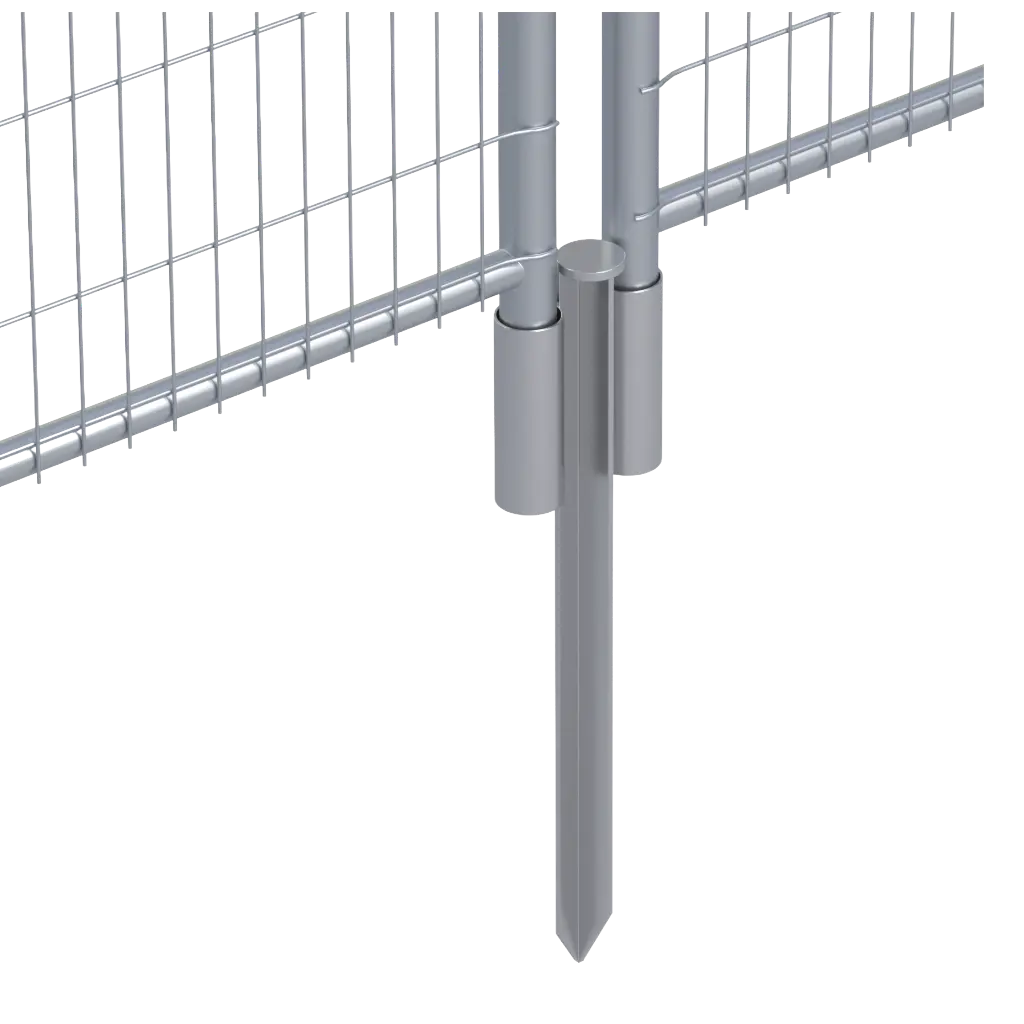 Fourreau pour clôture de chantier installé dans le sol avec panneaux grillagés.