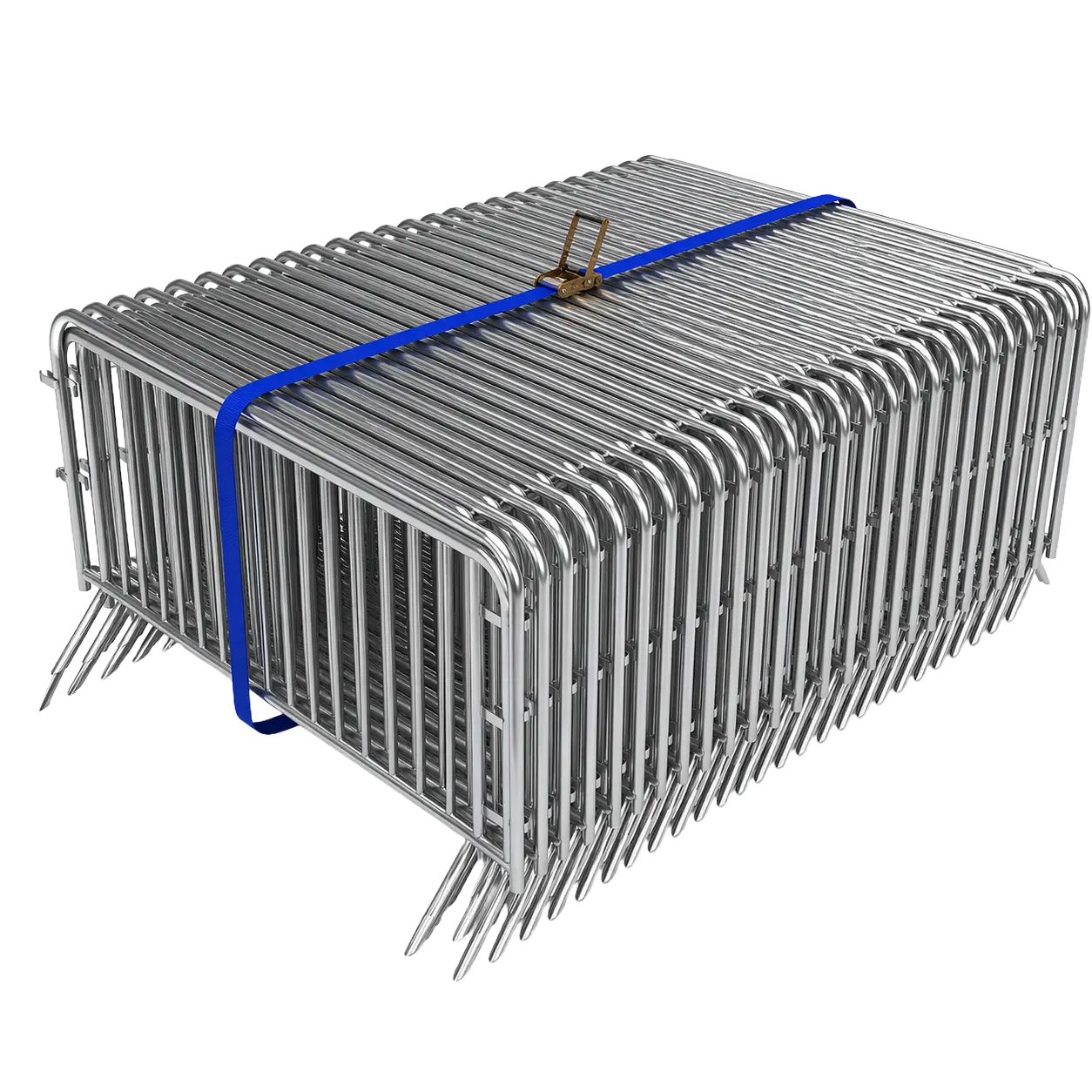 Lot de barrières de sécurité vauban empilées et sécurisées avec sangle de maintien pour transport et stockage