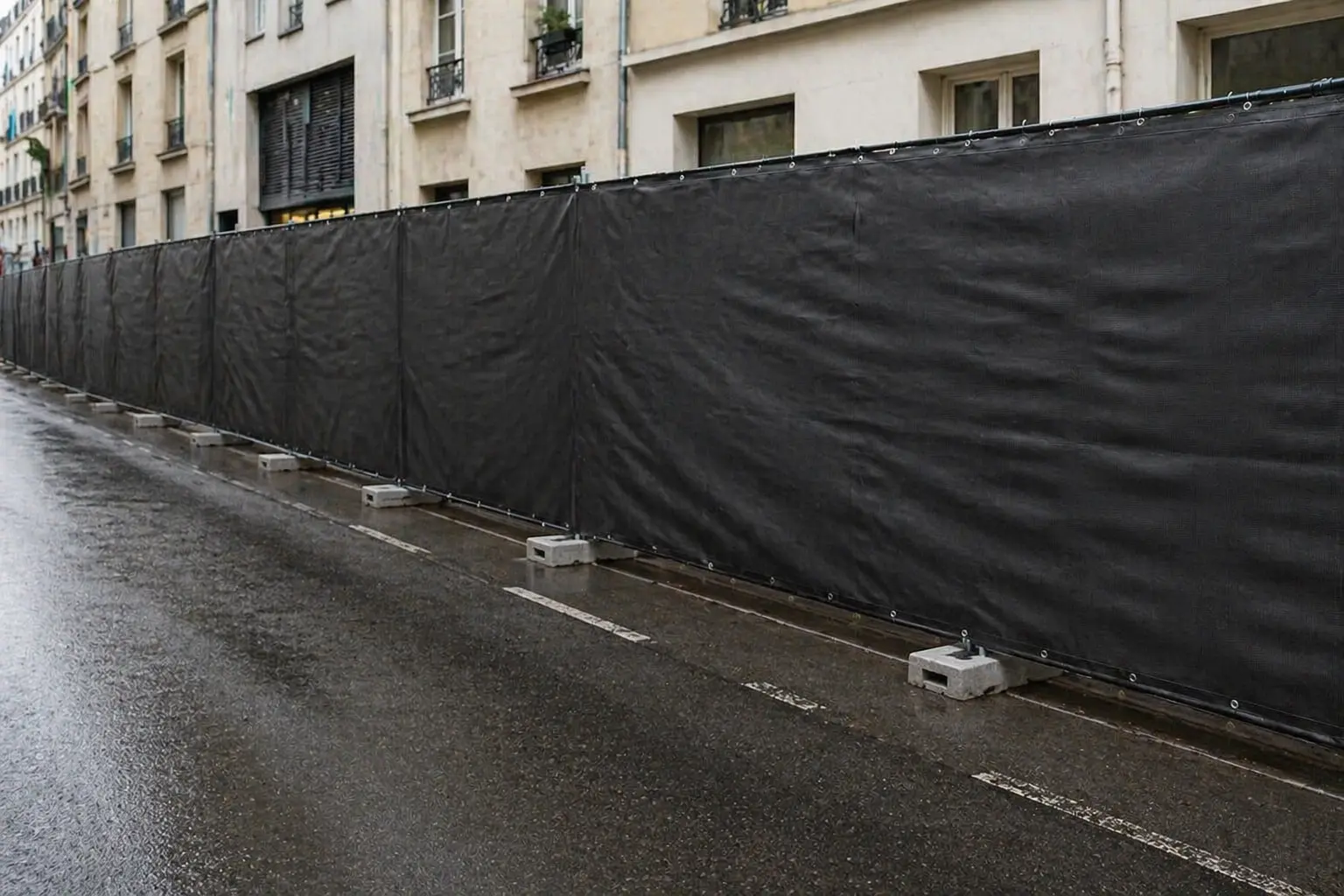Bâche occultante noire installée sur clôture de chantier pour protection visuelle et sécurisation de zone urbaine