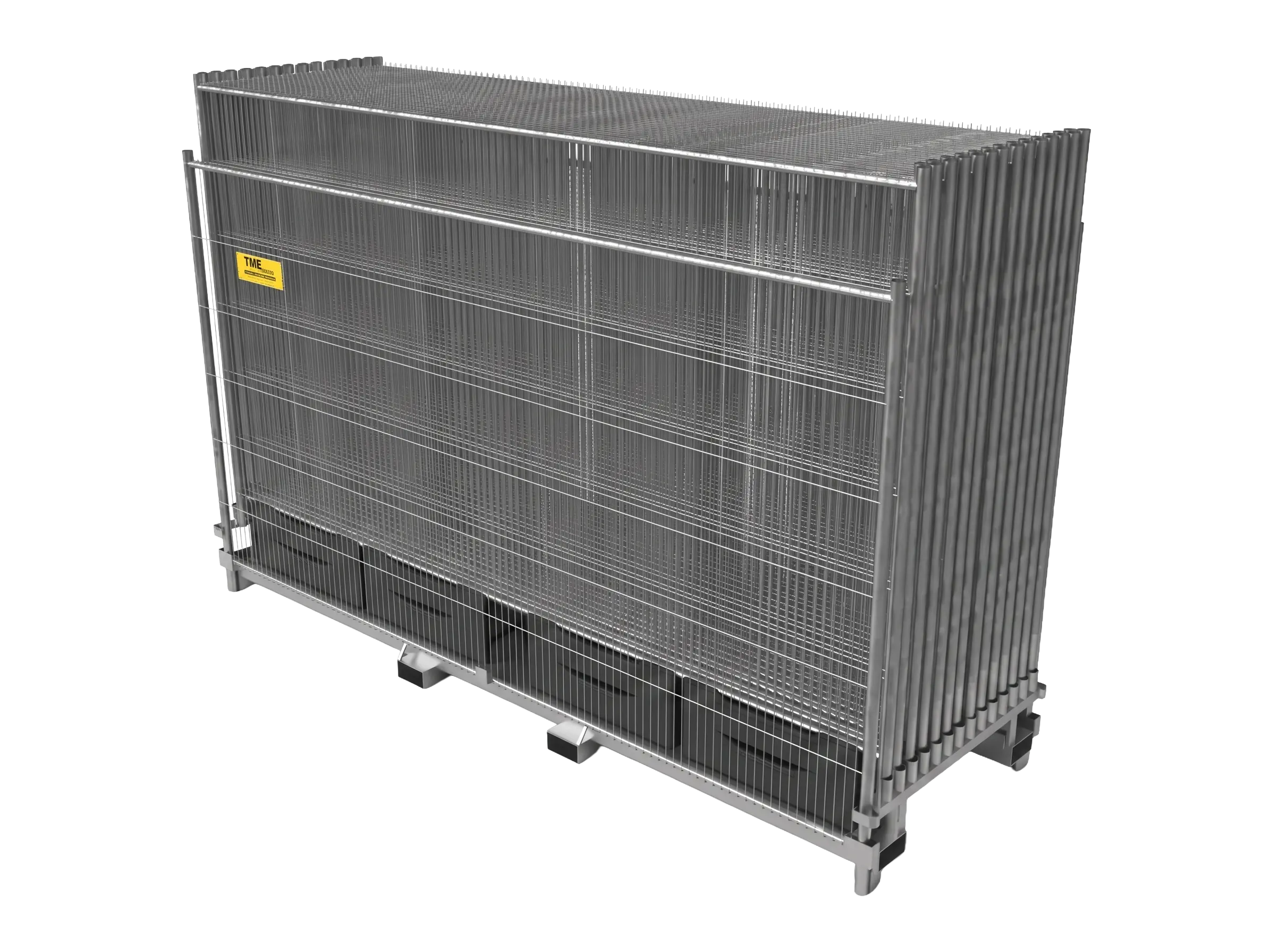 Rack de stockage pour clôtures de chantier avec panneaux grillagés et plots pvc de stabilisation empilés