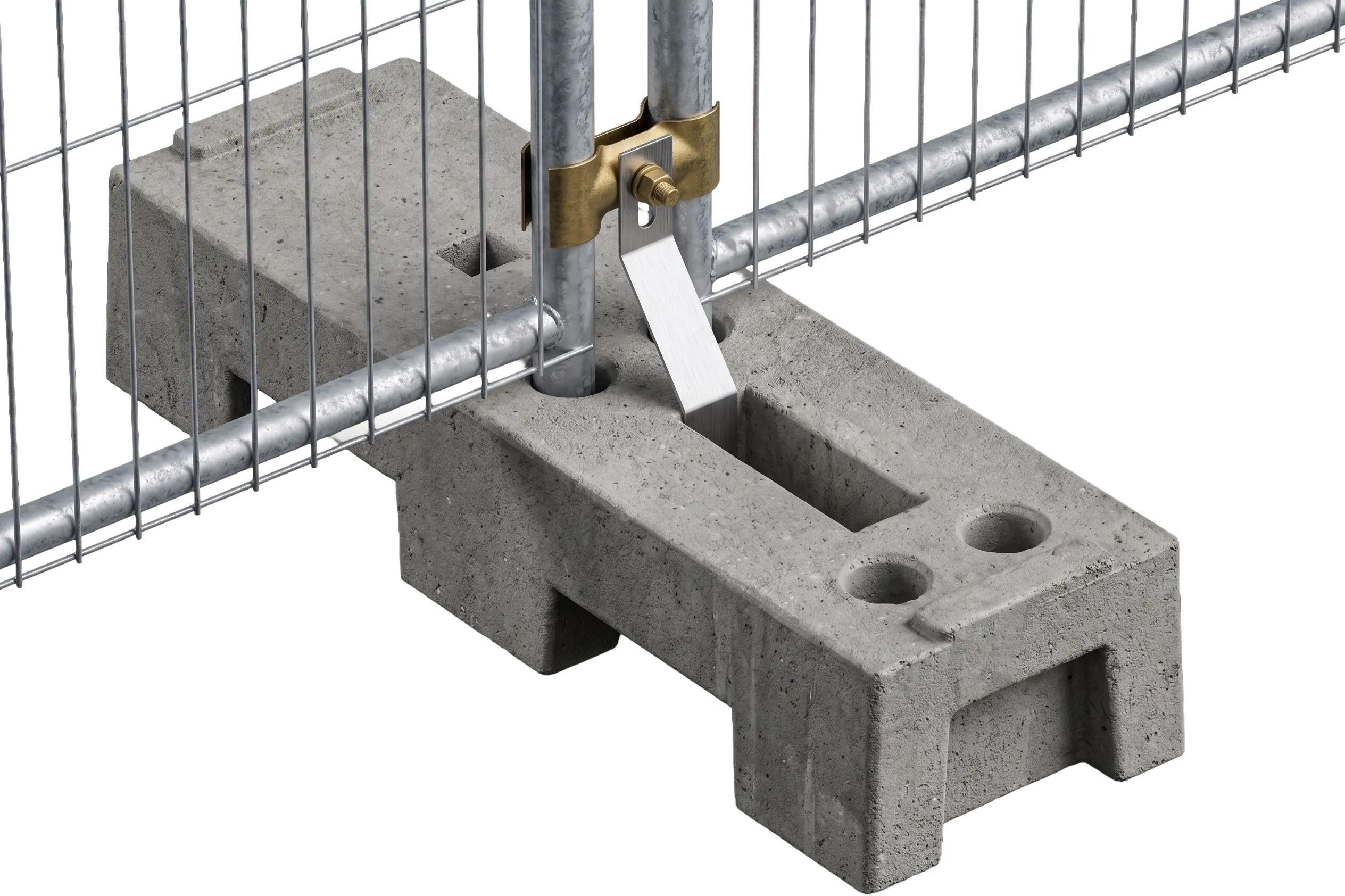 Patte anti-soulèvement pour clôture de chantier fixée sur plot béton pour sécurisation renforcée des panneaux