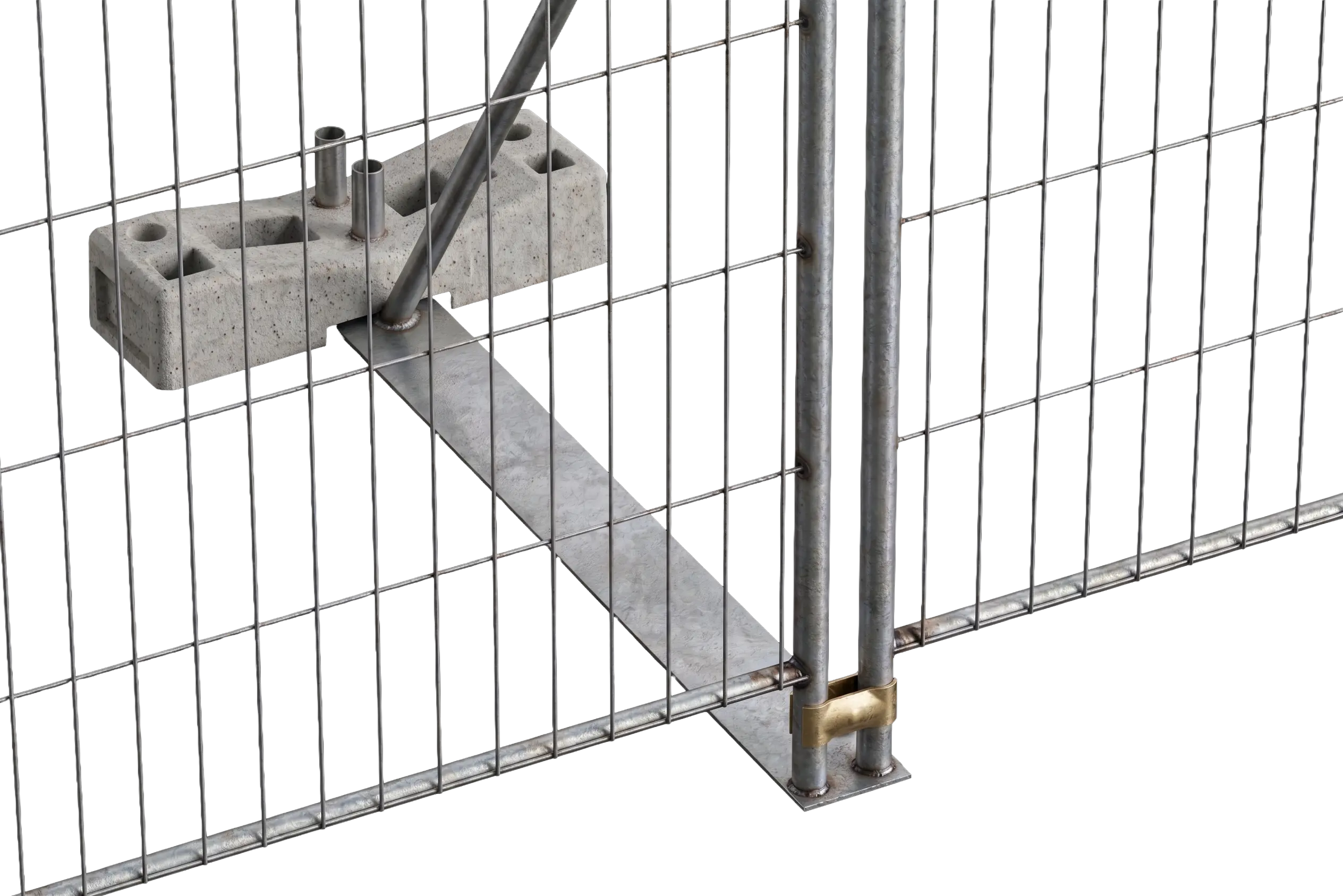 Platine pour clôture mobile avec jambe de force et lest béton assurant la stabilité des barrières de chantier
