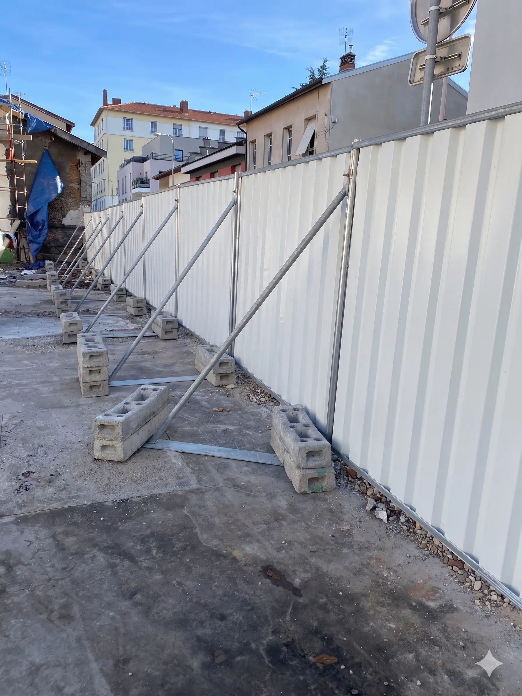 Clôture de chantier bardée avec platines, jambes de force et lest béton pour sécurisation et occultation de chantier