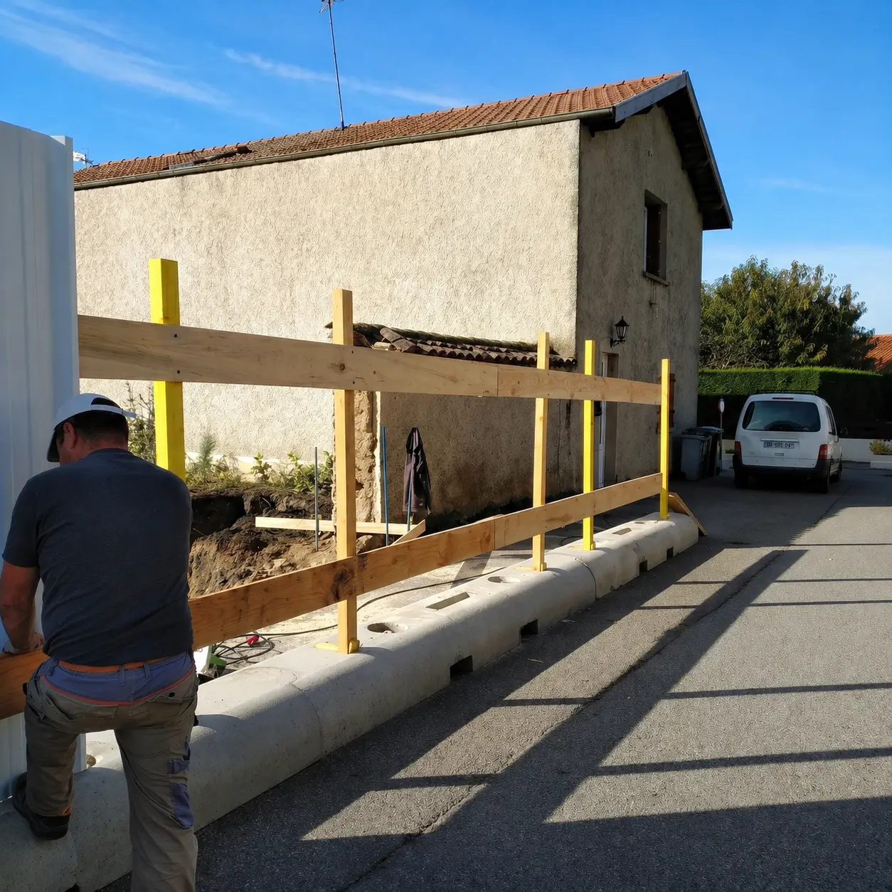 Plot de lestage pour clôture pleine de chantier avec poteaux bois