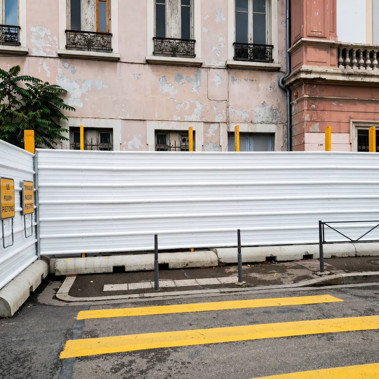 Base béton longue pour maintien de palissade de chantier en zone urbaine