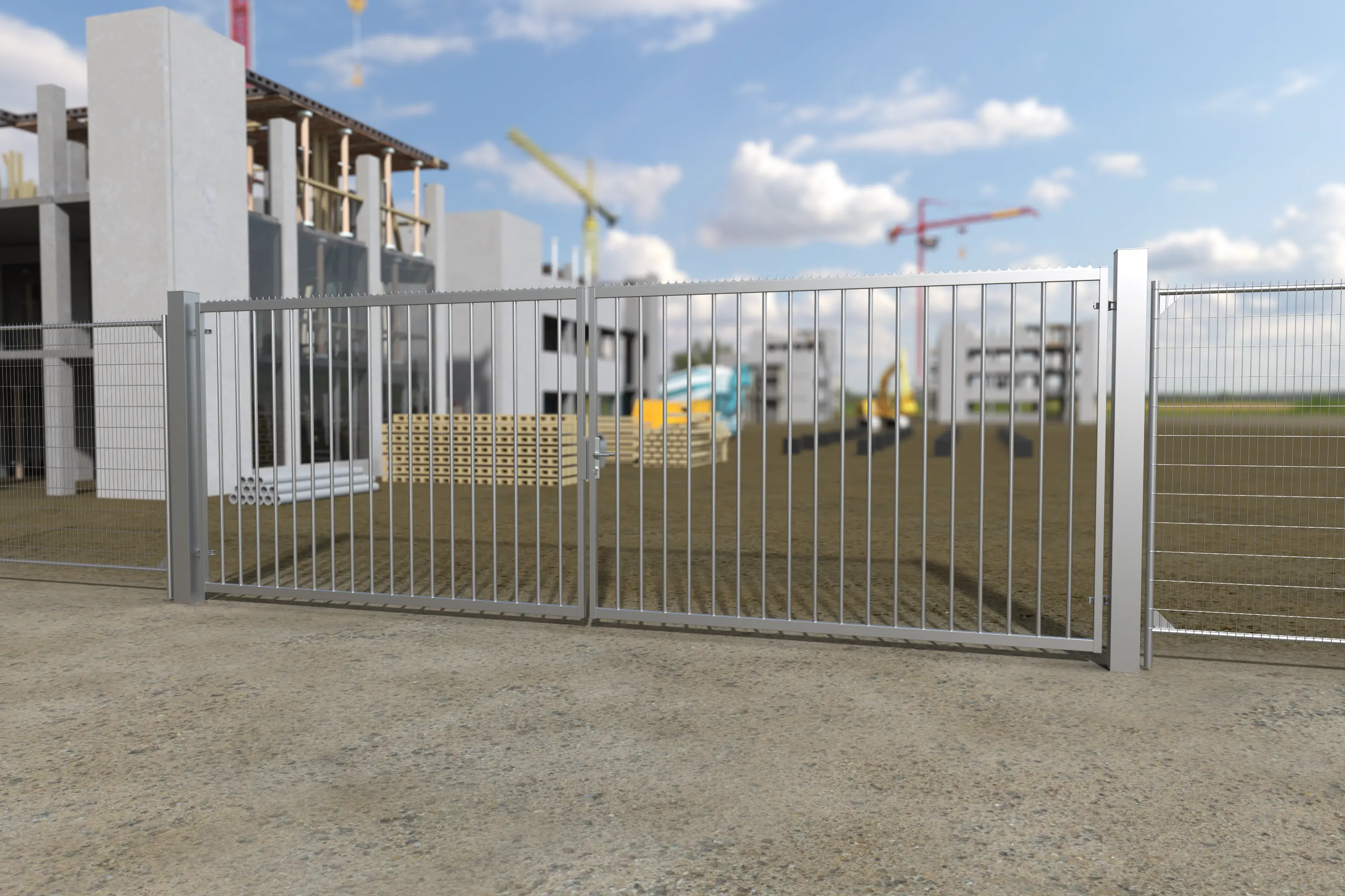 Portail industriel double vantaux installé sur site en travaux