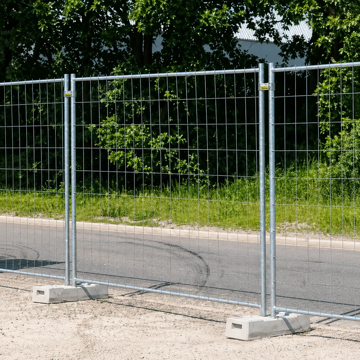 Panneau de clôture grillagée M320 de 2 m x 3 m, utilisé pour sécuriser temporairement un chantier.