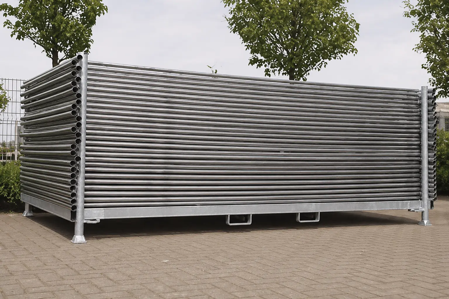 Rack horizontal avec panneaux de clôture stockés en extérieur sur chantier