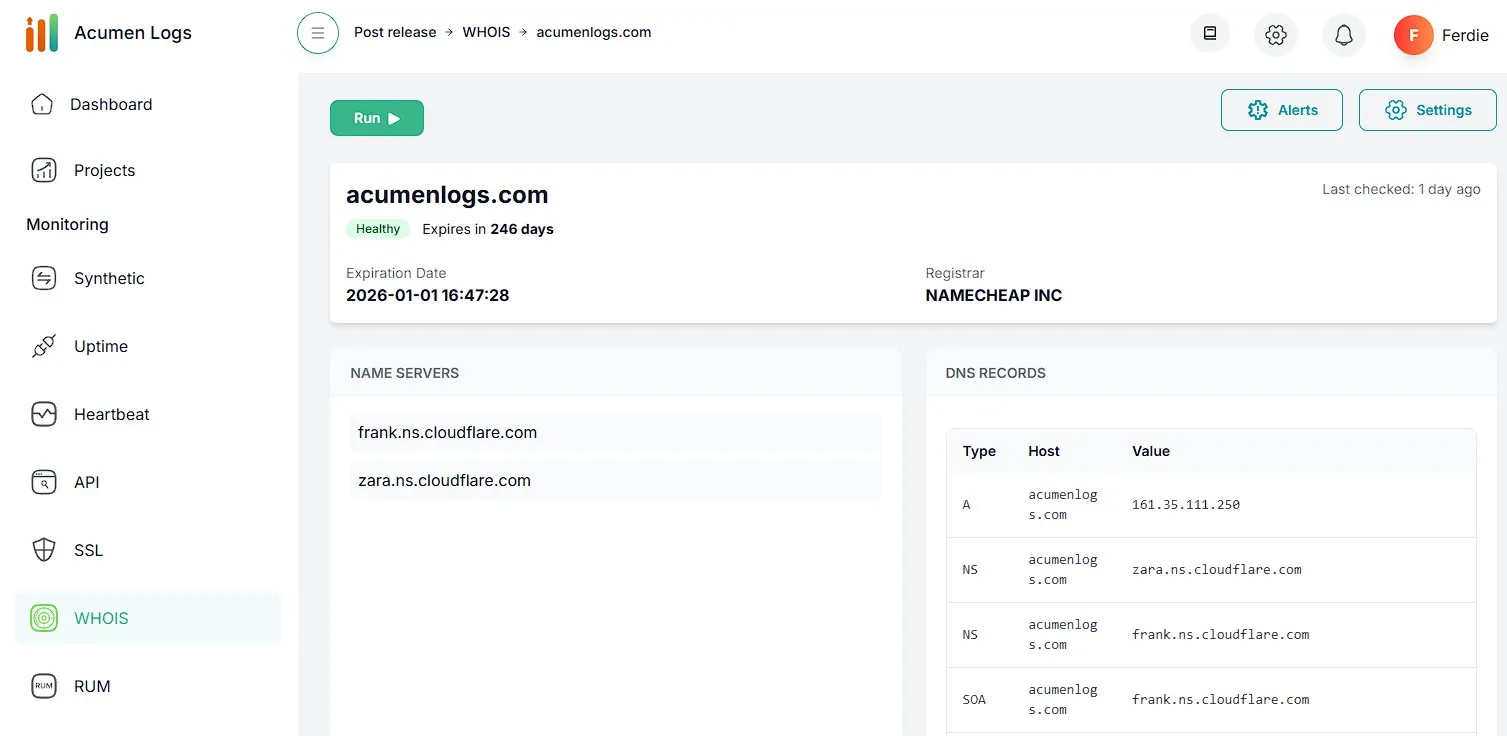 WHOIS monitoring screenshot