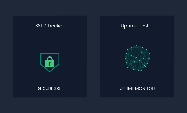 Acumen Logs developer dashboard panel featuring two free diagnostic tools: an SSL Checker module with a green padlock illustration and an Uptime Tester module with a glowing global network constellation graphic.