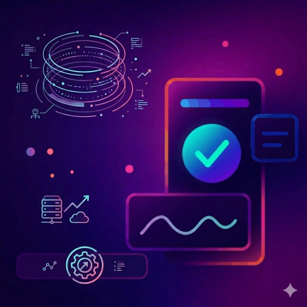 Futuristic database architecture illustration with a smartphone interface, optimization gear icon, and abstract data rings.