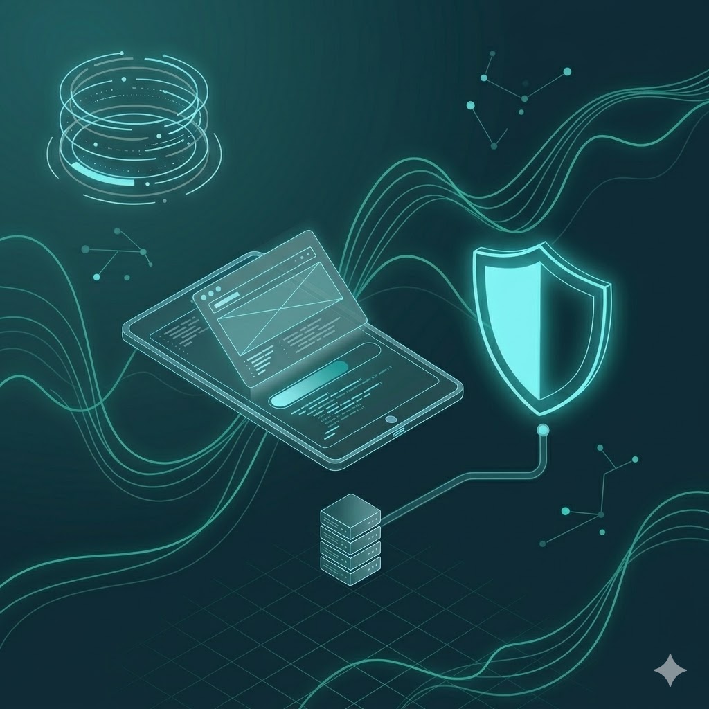 Glowing cyan cybersecurity shield protecting a mobile website interface and database stack on a dark background.