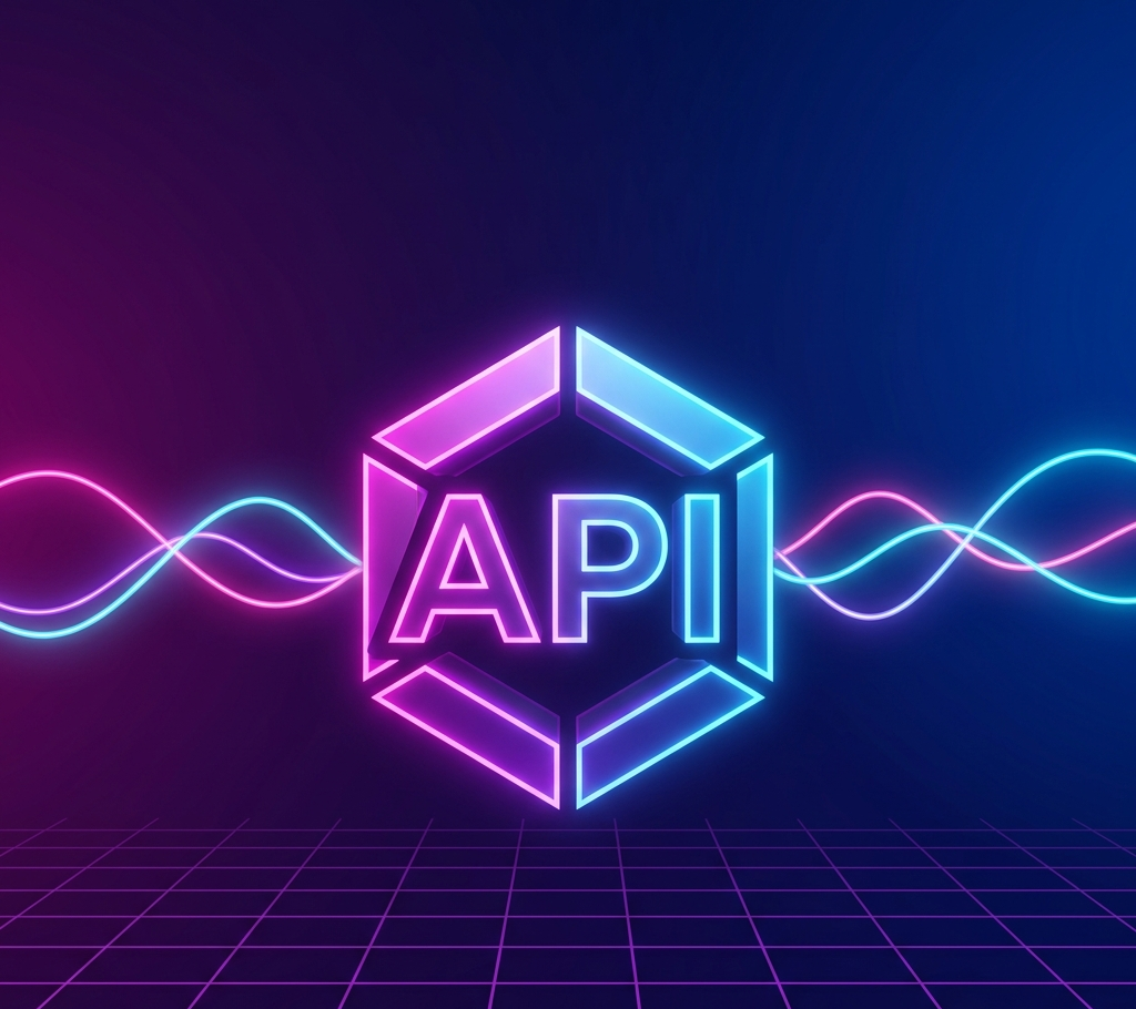 Futuristic digital graphic reading API surrounded by glowing magenta and cyan network waves on a grid floor.