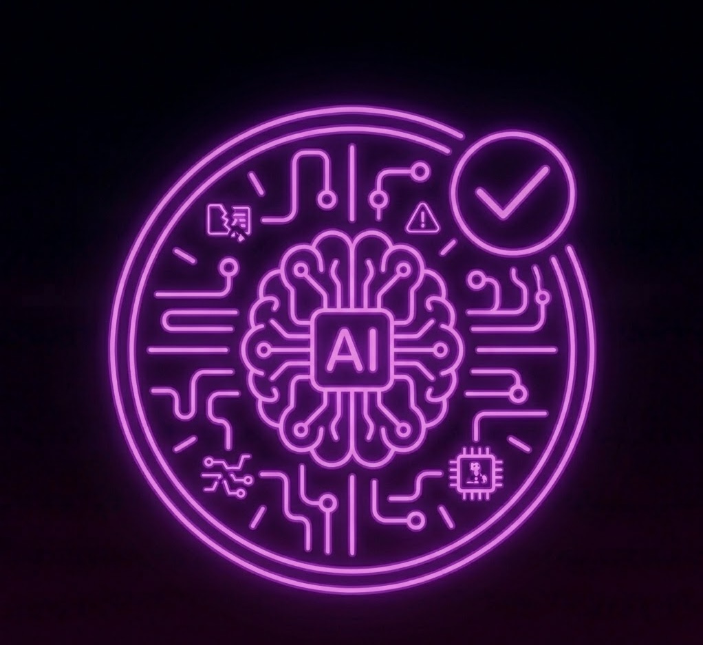 Purple neon AI brain and checkmark icon representing verified machine learning systems.
