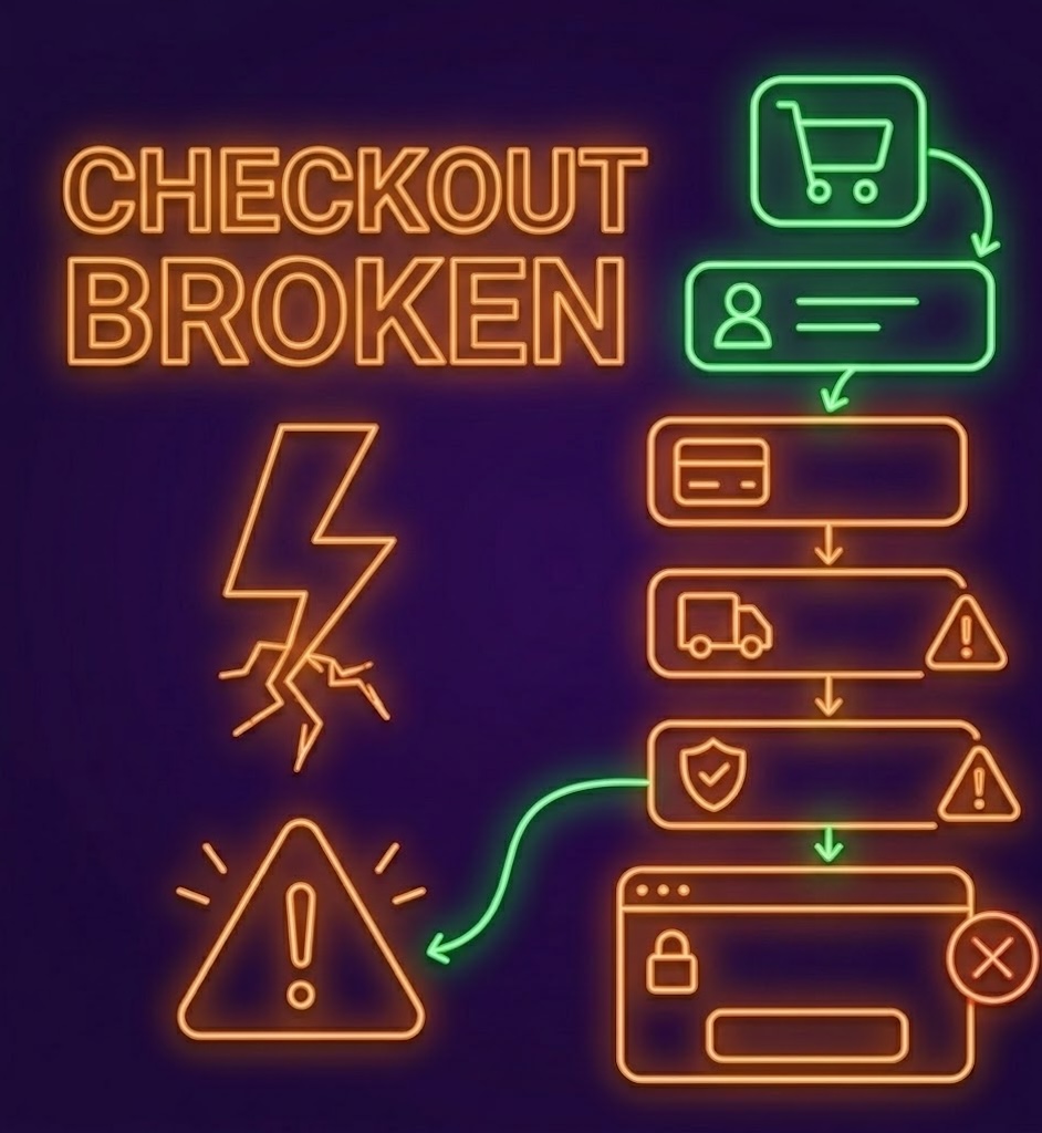 Neon infographic reading CHECKOUT BROKEN showing a failing e-commerce purchase funnel with warning icons and a lightning bolt.