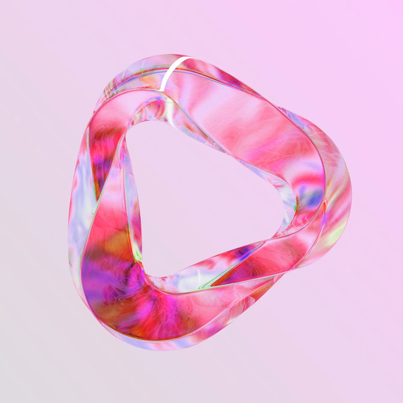 Iridescent 3D glass play button loop with pink and purple holographic swirls.