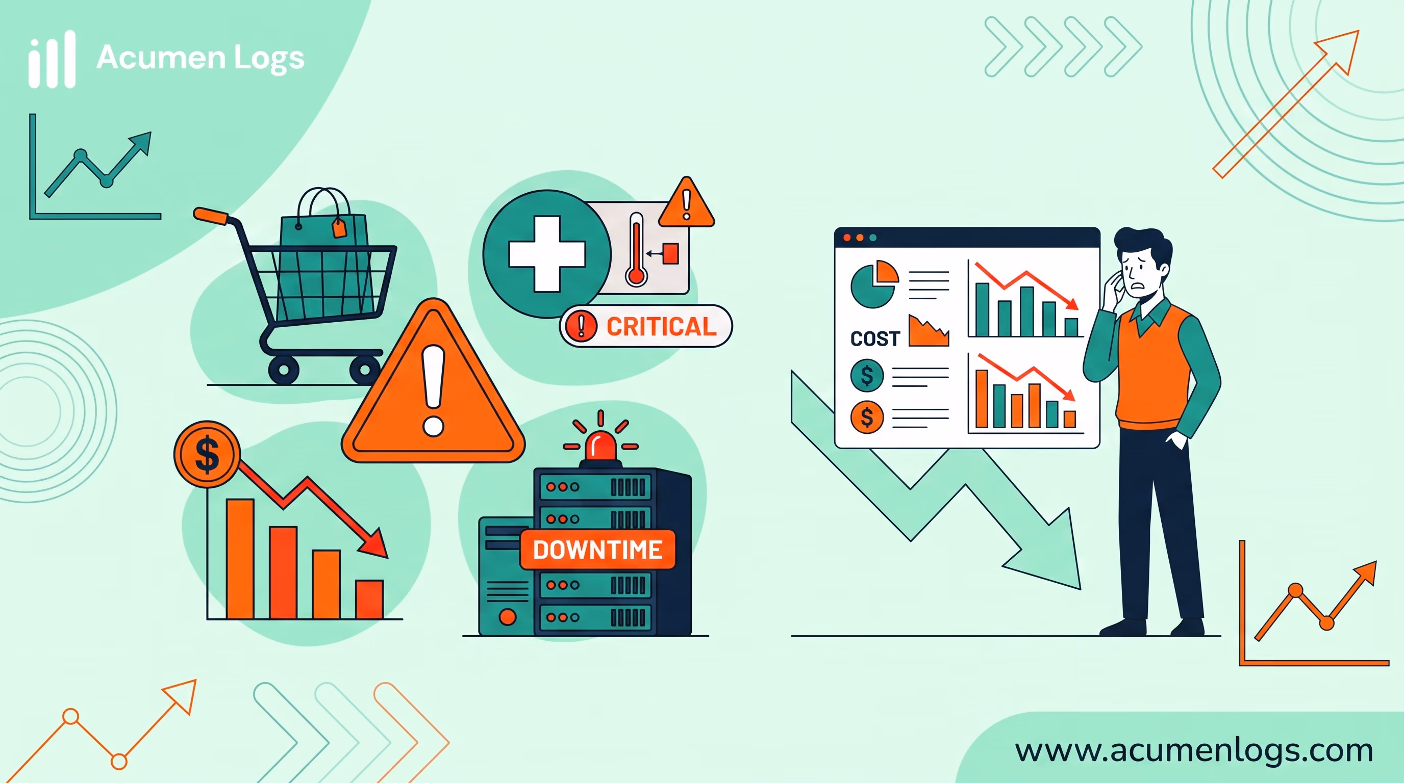 Vector illustration for Acumen Logs representing the financial cost of website and server downtime across industries including e-commerce, banking, and healthcare, featuring server downtime alerts, analytics charts, and revenue loss metrics.