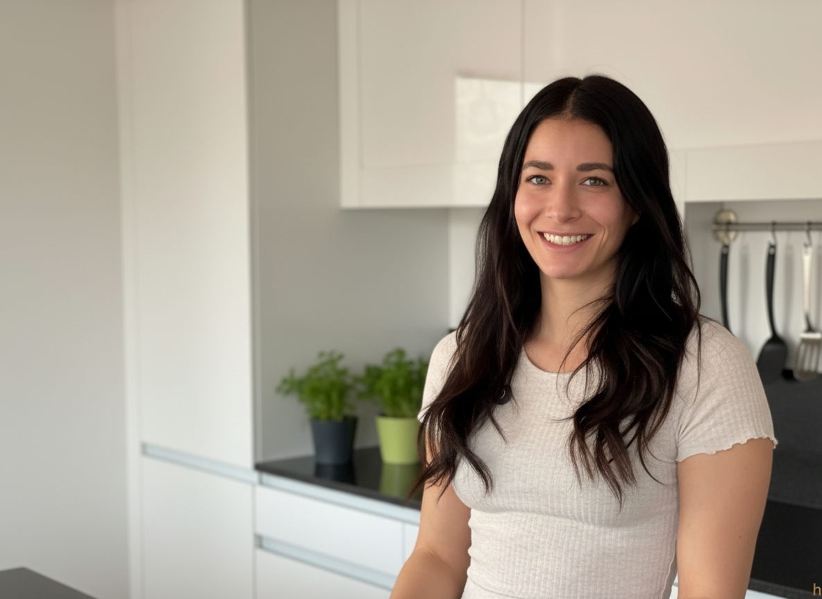 Sarah Hein in einer hellen Küche, lächelt in die Kamera und steht an der Arbeitsplatte – natürliches Porträt für den Blogbeitrag über vegane Alltagsgewohnheiten und Nachhaltigkeit.