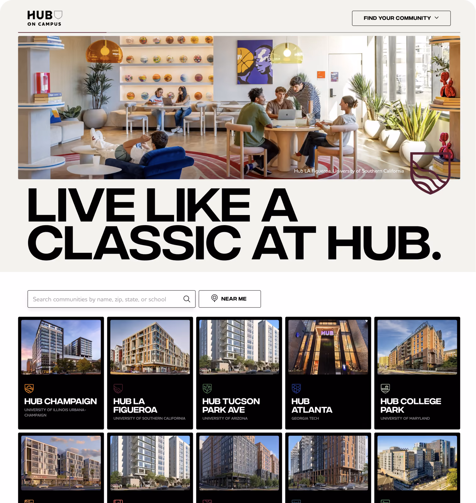 Image of huboncampus.com homepage, with links to all Hub communities.