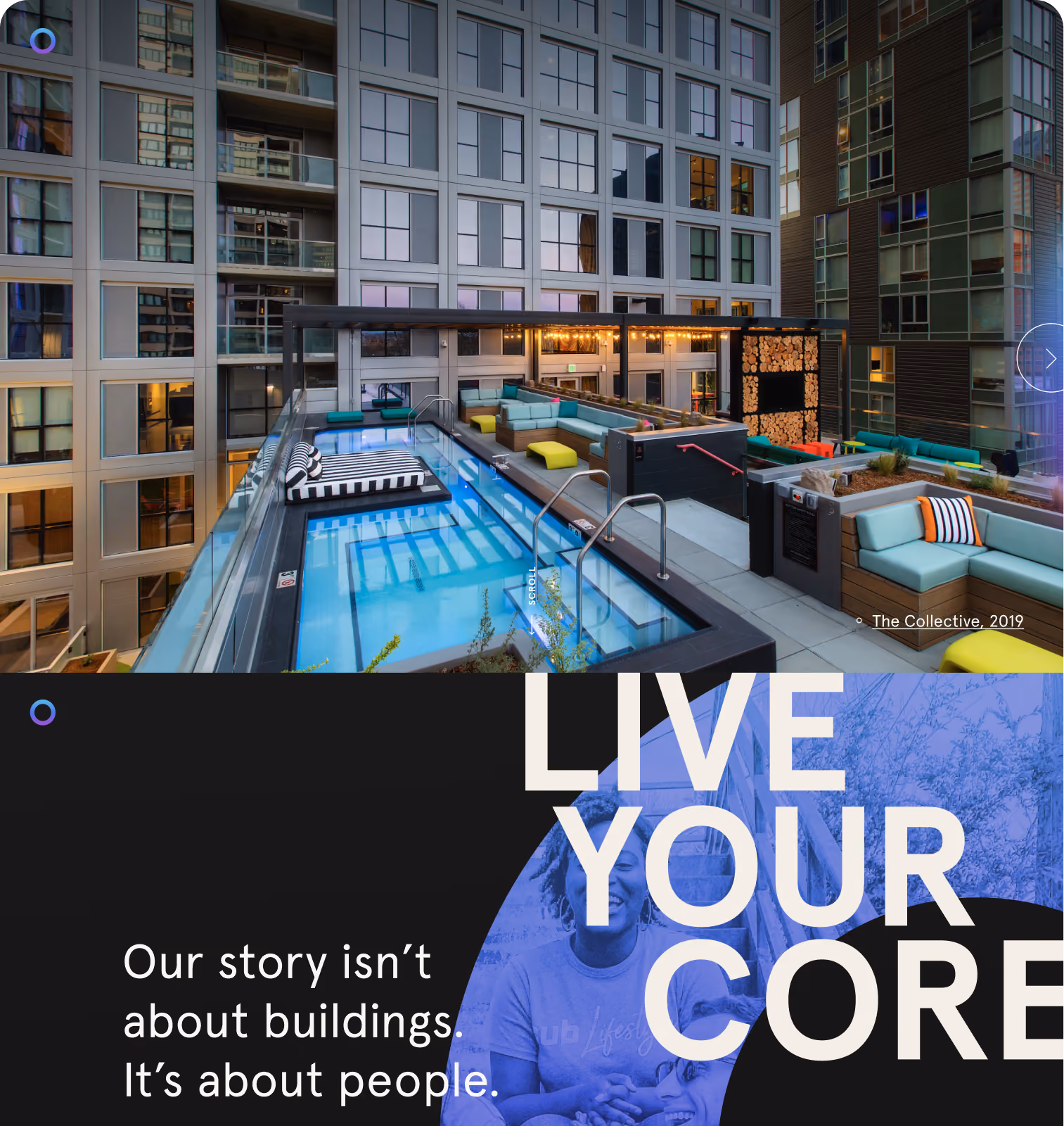 Rooftop pool and lounge area with seating and string lights surrounded by modern apartment buildings.