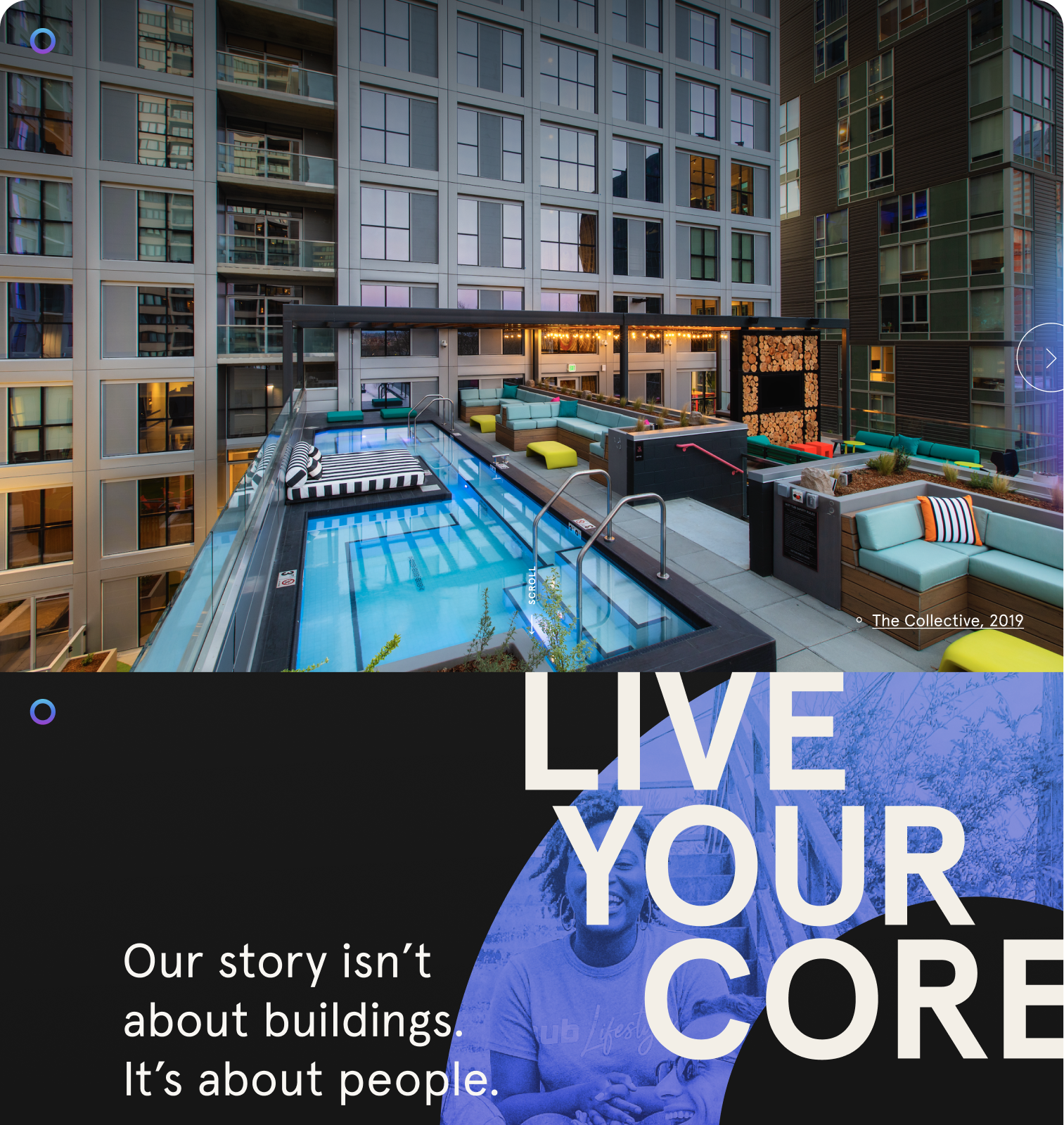 Rooftop pool and lounge area with seating and string lights surrounded by modern apartment buildings.