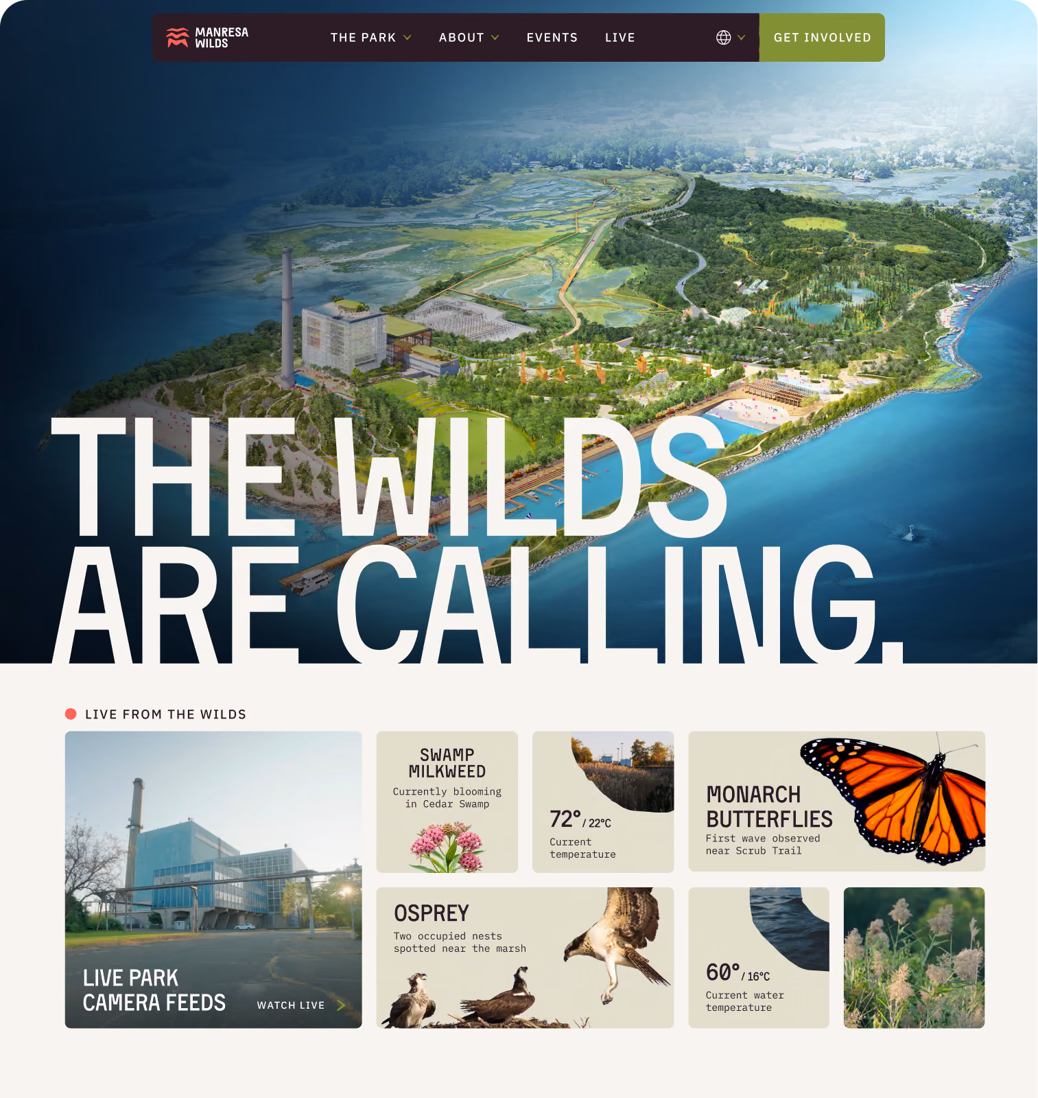 Manresa Wilds' home page, featuring an aerial view of the park including water, trails, forests, and buildings with headline 'The Wilds Are Calling' and live park updates on plants, animals, and weather.