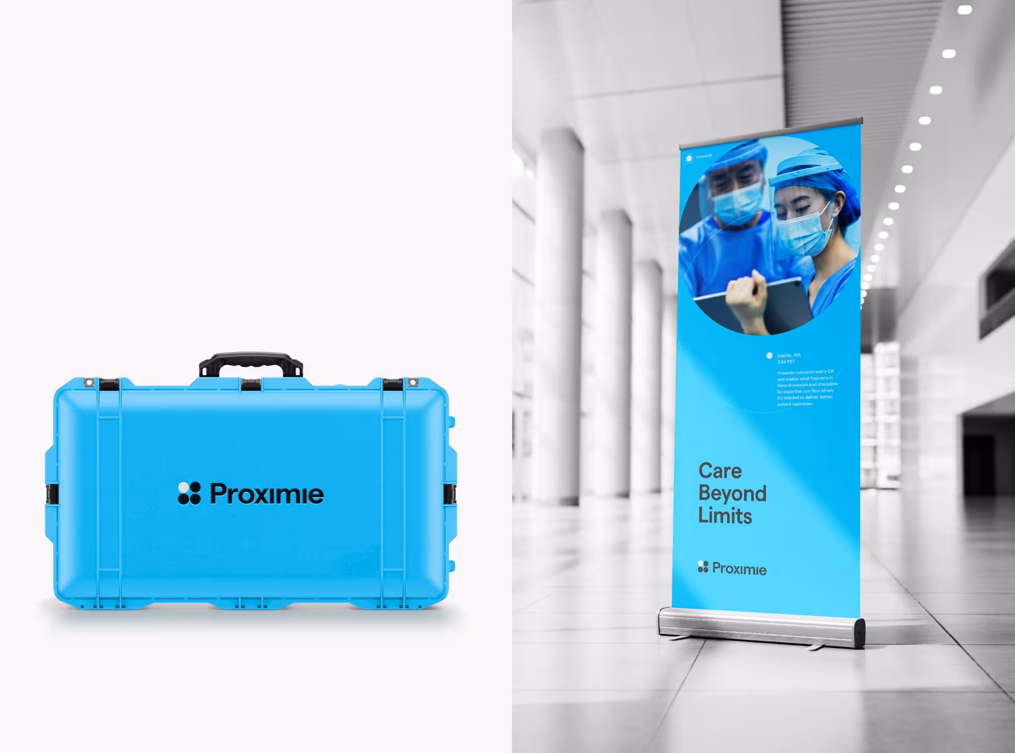 Proximie branded hard case next to a Proximie banner in a modern exhibition space.