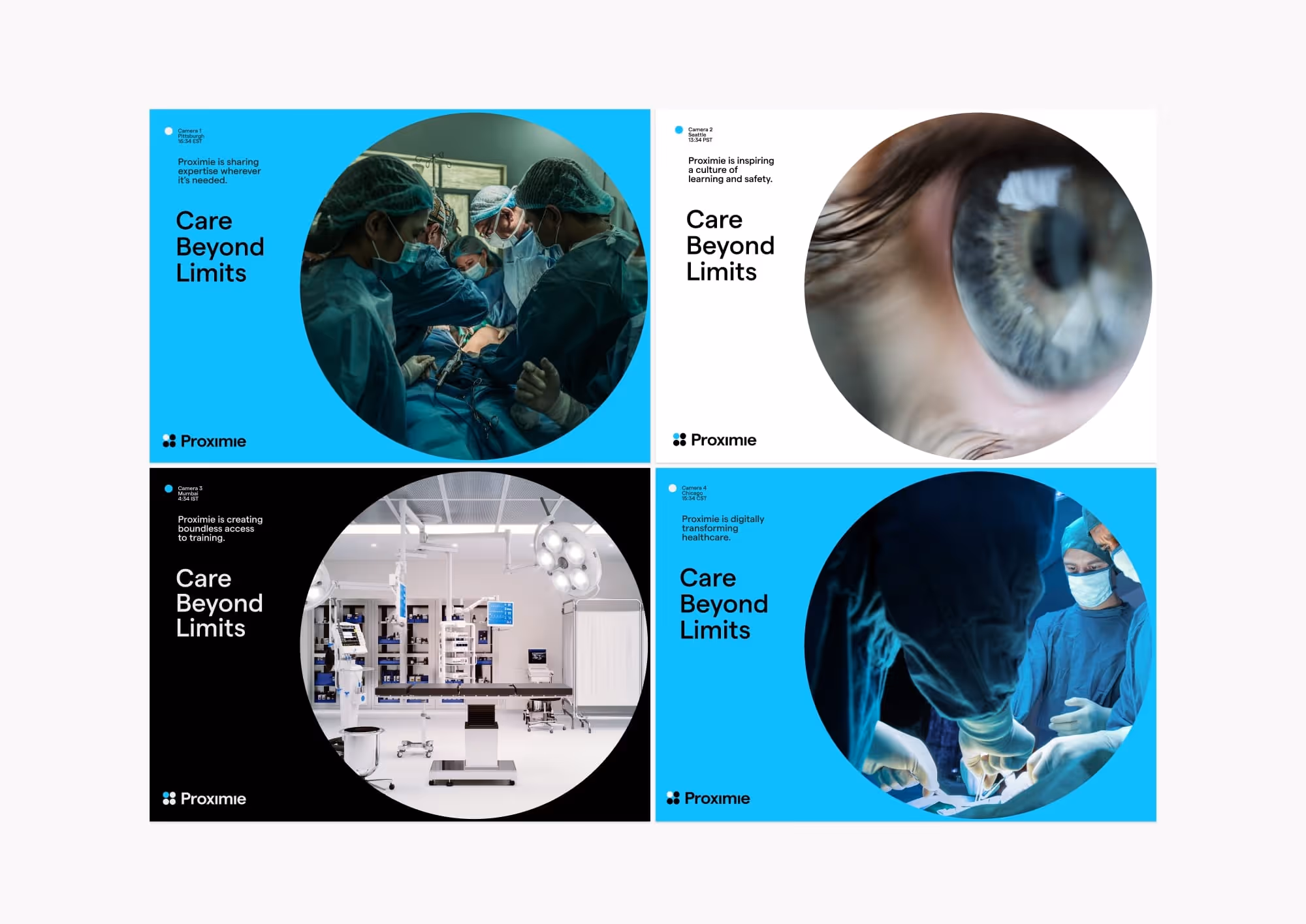 Collage of four print ads, depicting single circular images showing surgeons operating, a close-up of a human eye, a modern operating room, with text 'Care Beyond Limits' and Proximie branding.