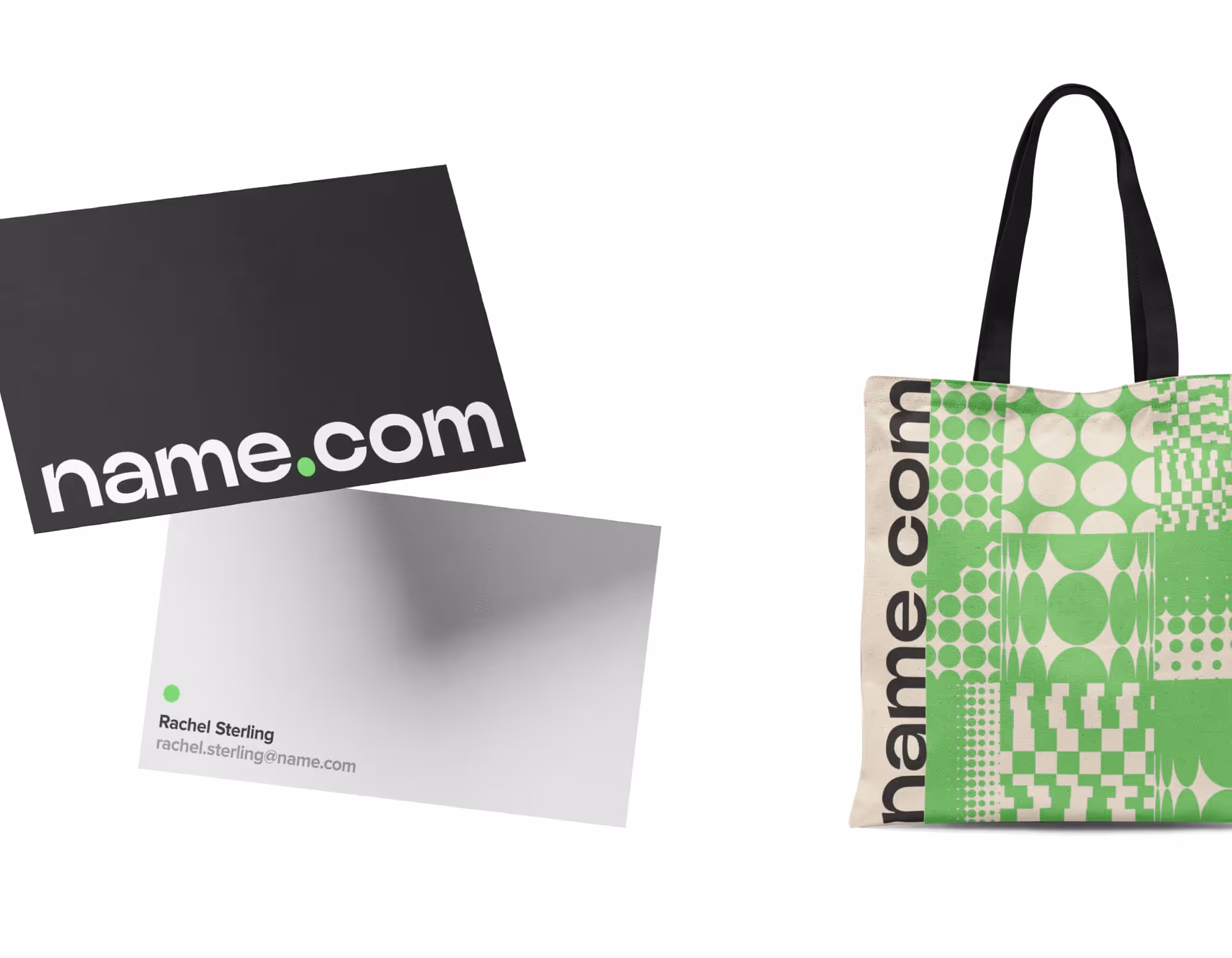Name.com branded business card and a canvas tote bag.