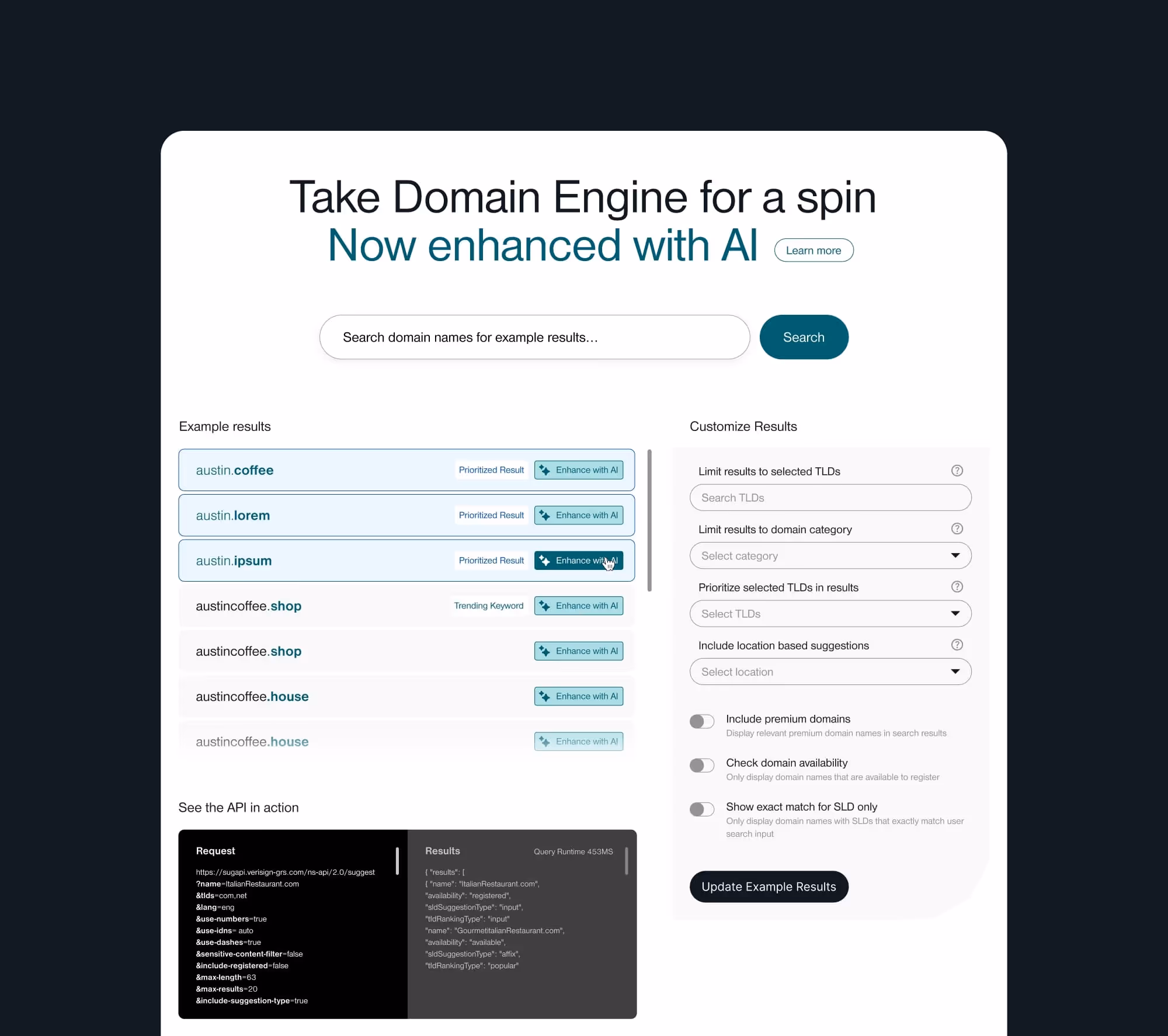 Domain Engine interface showing AI-enhanced domain name search with example results and customization options.