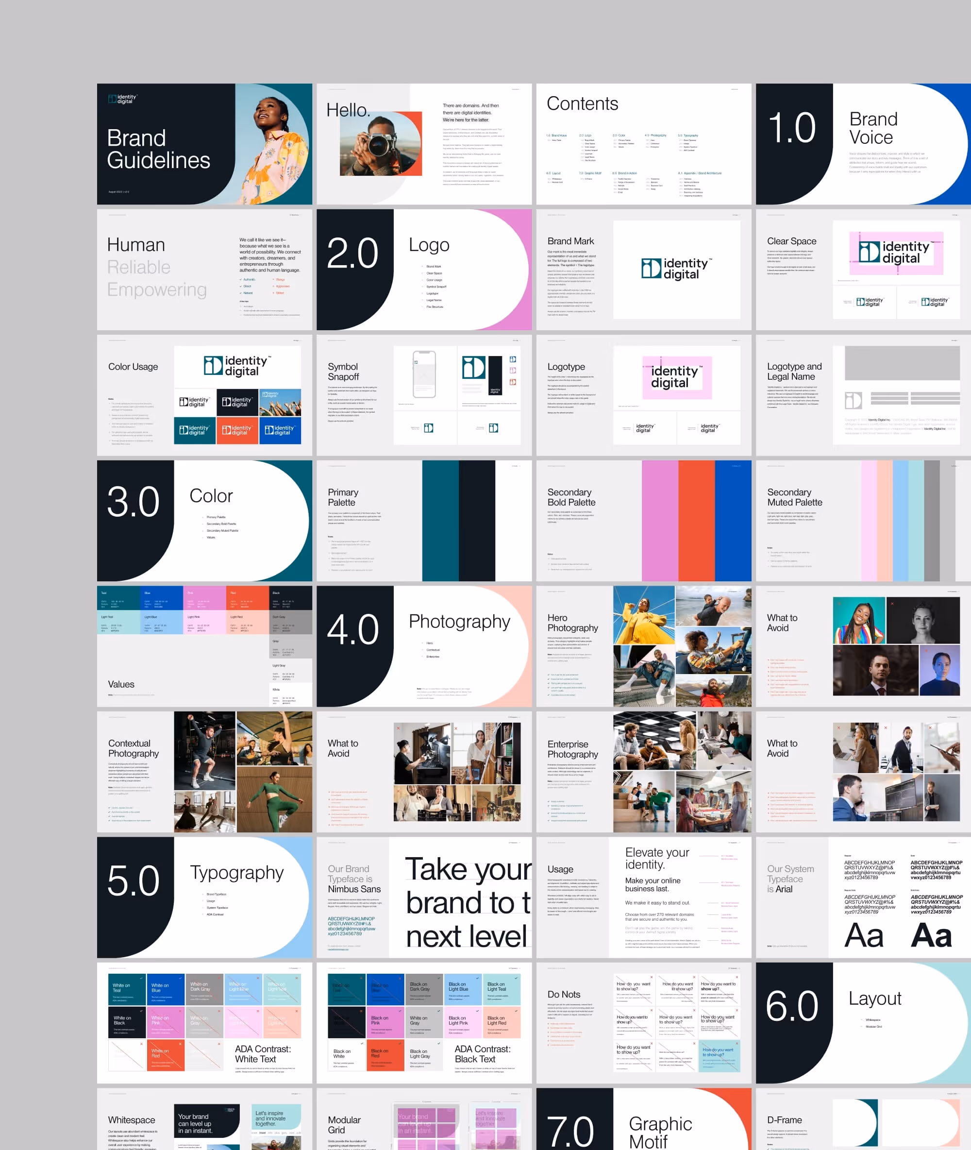 A multi-page brand guidelines document featuring sections on brand voice, logo, color palettes, photography, typography, and layout.