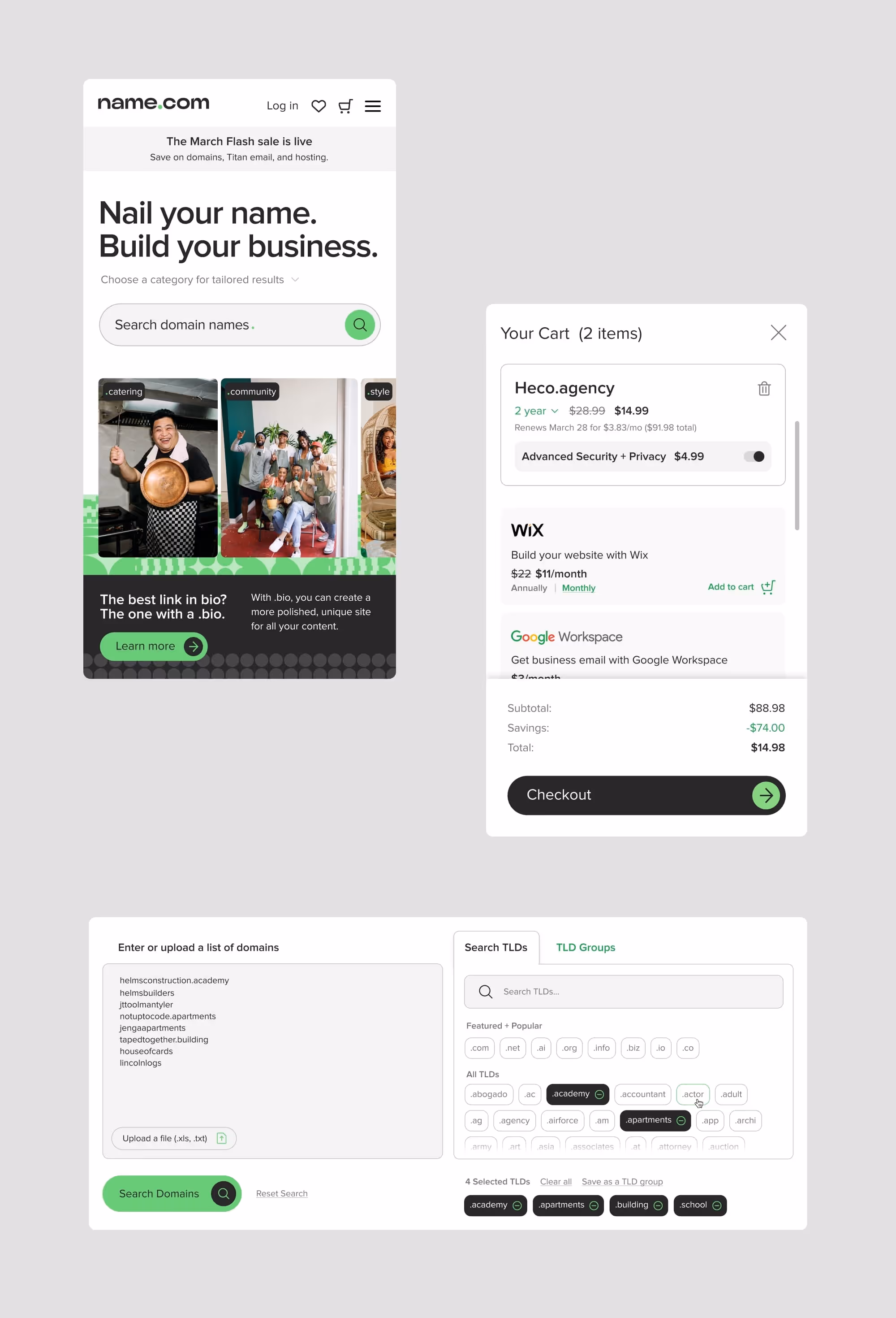 Detail moments from the website  showing a domain name search page with category filters, a shopping cart summary, and a domain list upload and TLD selection section.