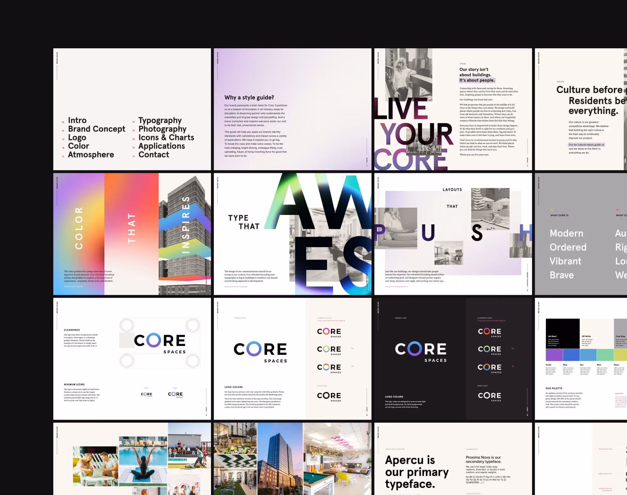 Layout of Core Spaces' style guide, including logo variations, typography, colors, values, photo examples, and design principles.