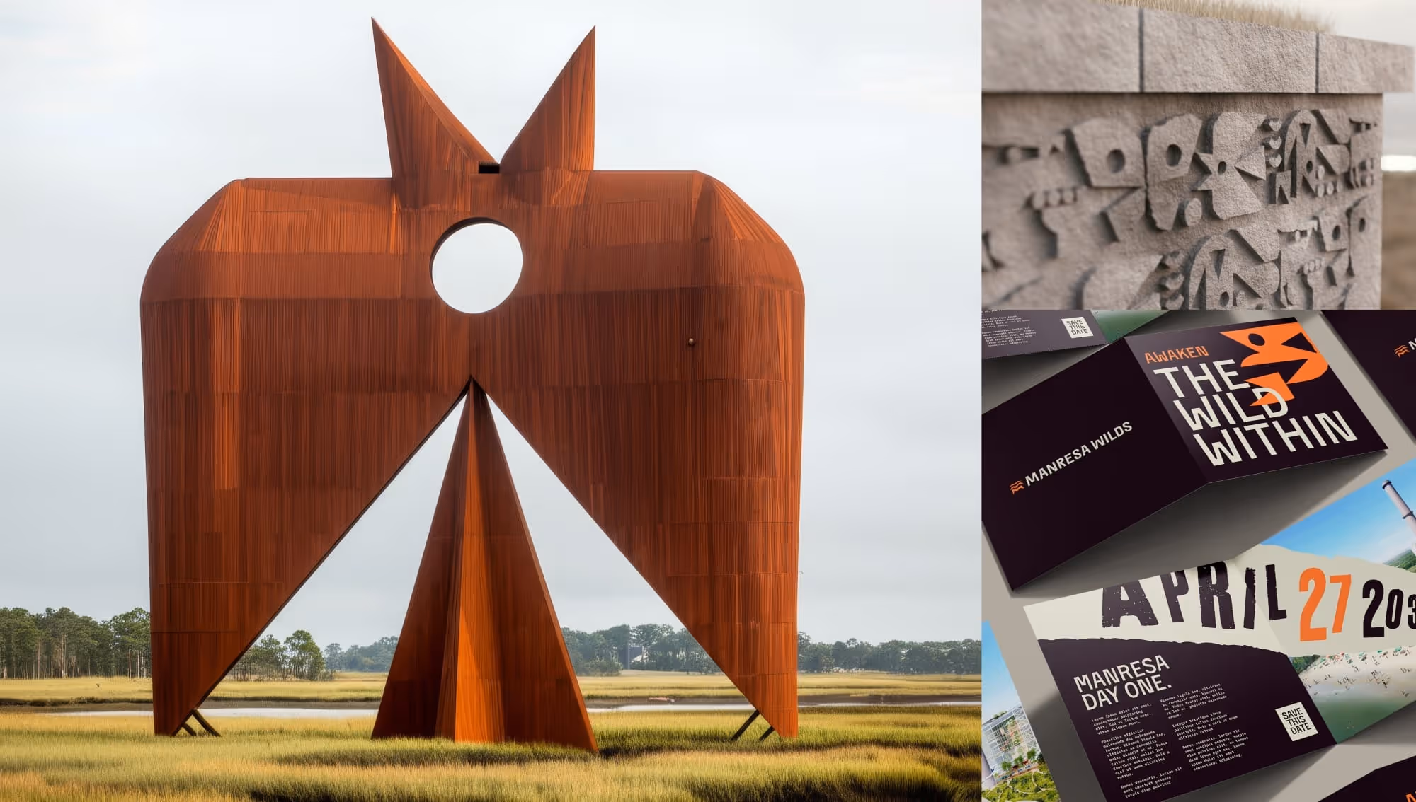 Collage of a monumental bird sculpture, a park wall with embossed wildglyphs, and park brochures.