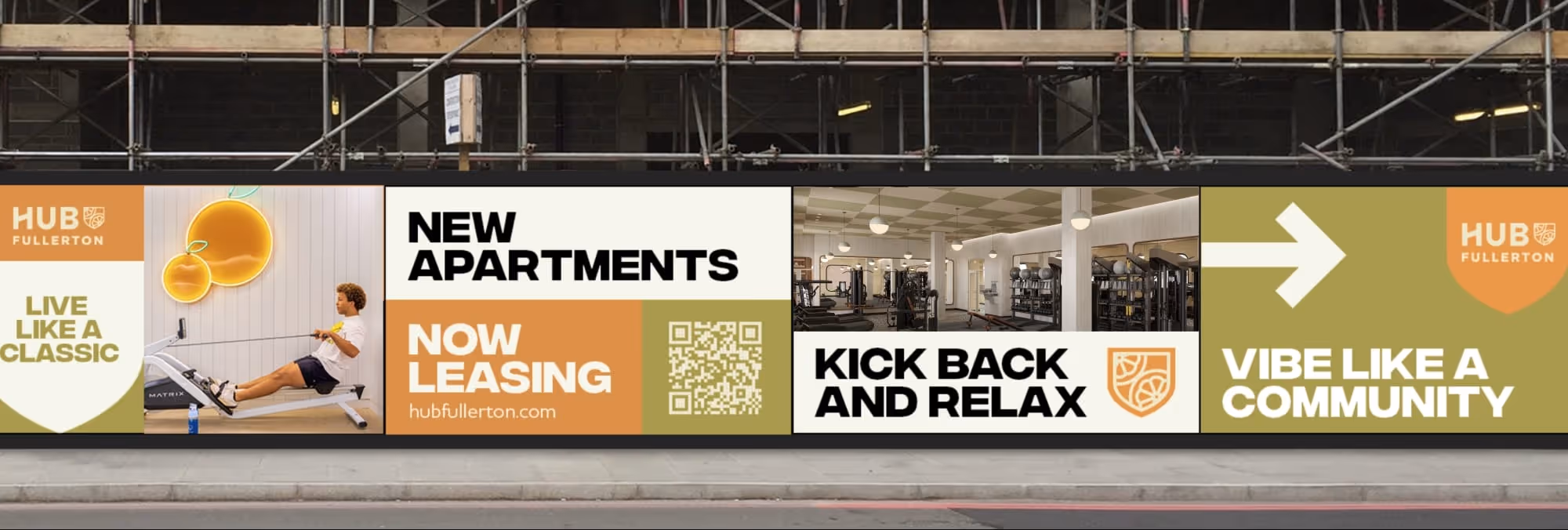 Out-of-home ad for Hub Fullerton apartments with images of a person rowing indoors and a gym.