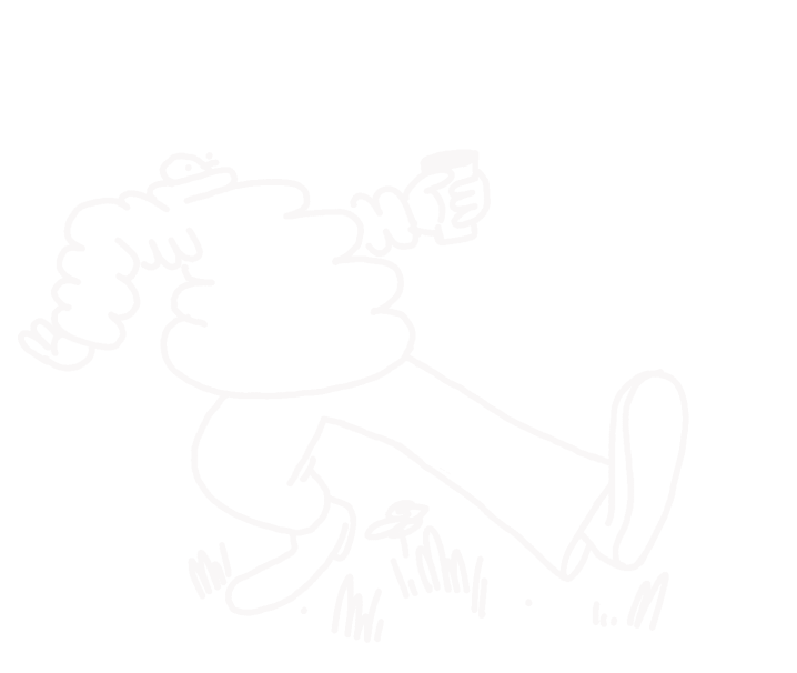 Line drawing of a person walking energetically and holding a drink