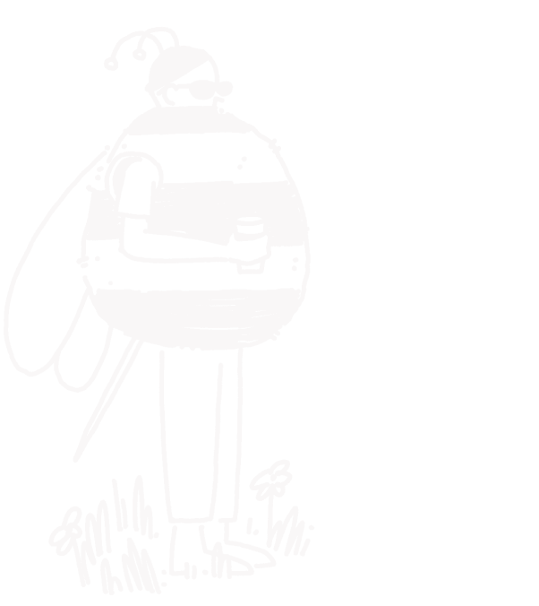 Line drawing of a person in a bee costume, wearing sunglasses and holding a drink.