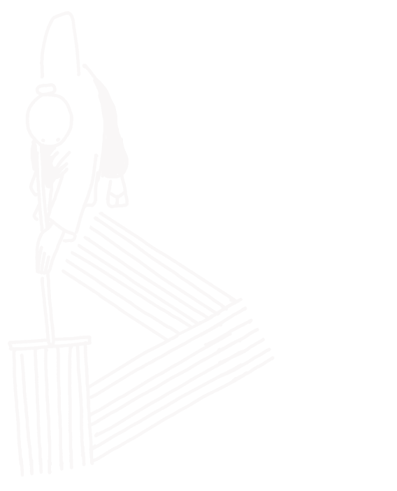 Line drawing from above of a person raking a zen garden.