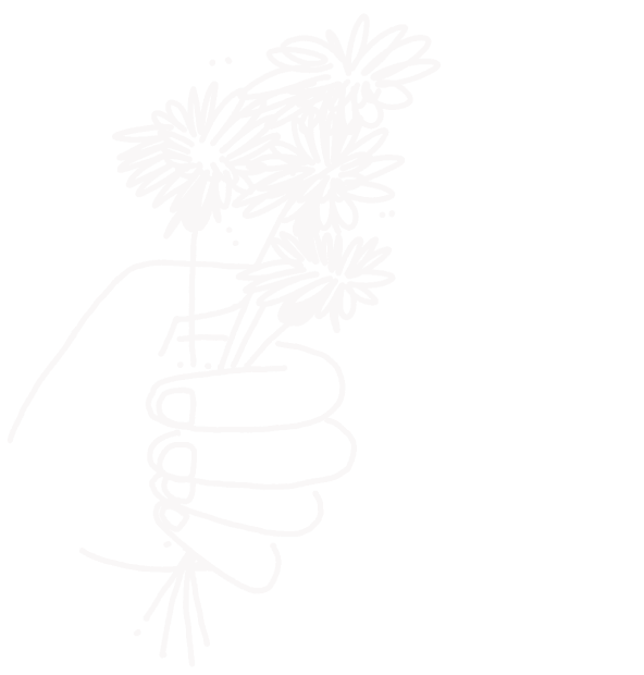Line drawing of a hand holding a small bouquet of flowers.