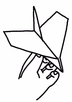 Line drawing of a hand holding a paper airplane.
