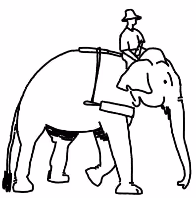 Line drawing of a person riding an elephant with a saddle and reins.
