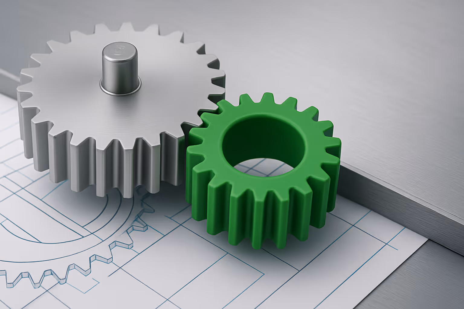 Two interlocking gears, one metallic silver and one blue plastic, resting on technical engineering blueprints.
