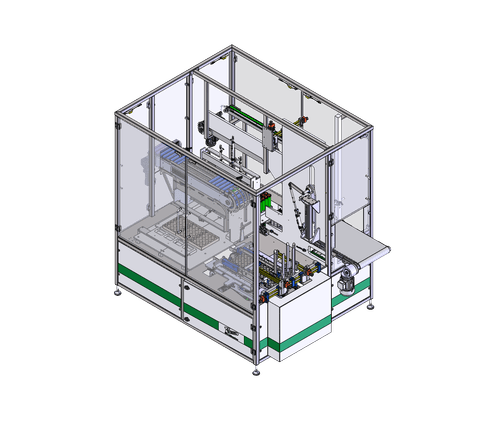 Isometric view of an automated industrial machine with transparent protective panels, conveyor belts, and mechanical arms inside a metal frame.