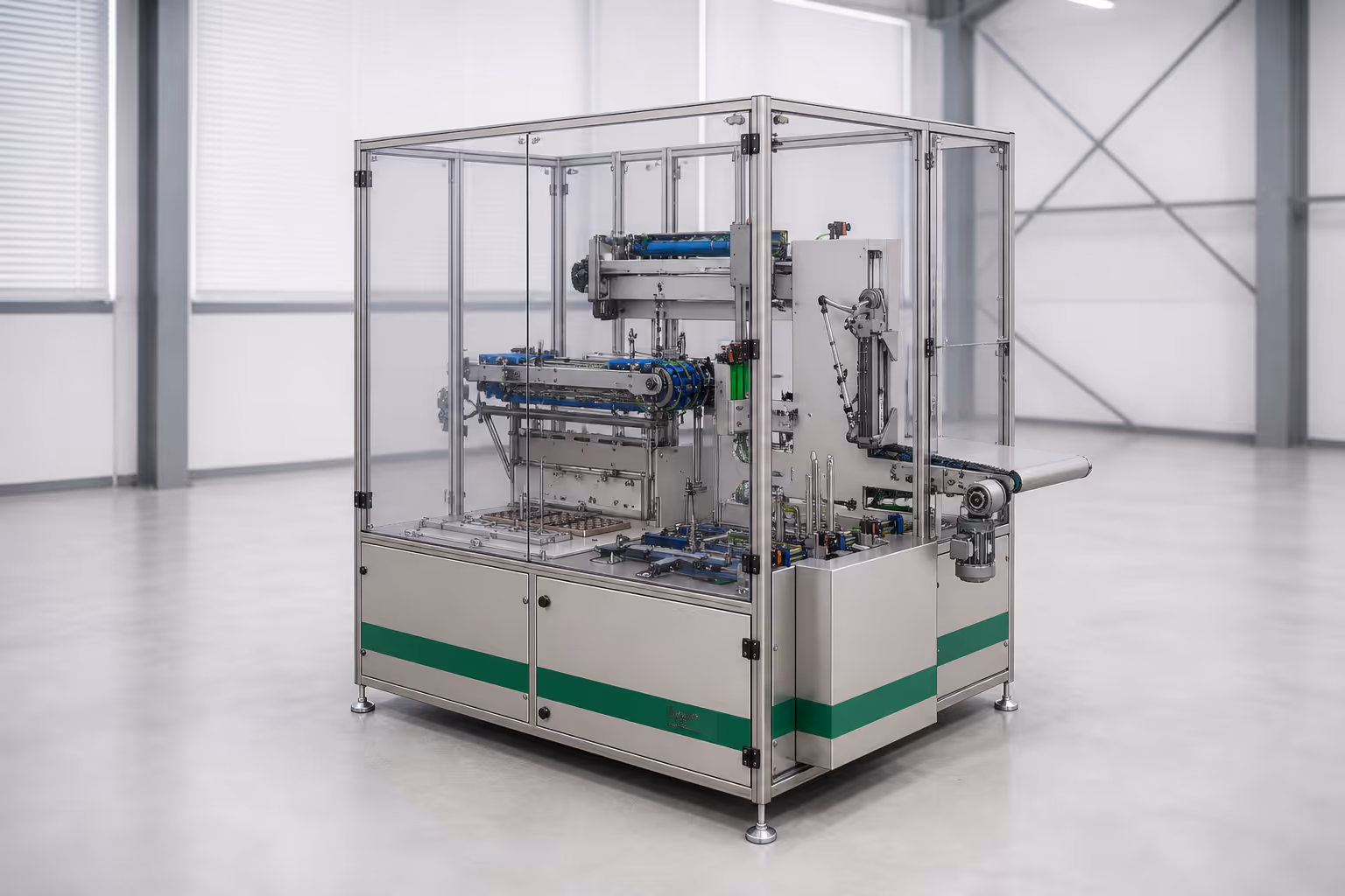 Large industrial stainless steel packaging machine with multiple compartments and safety features.