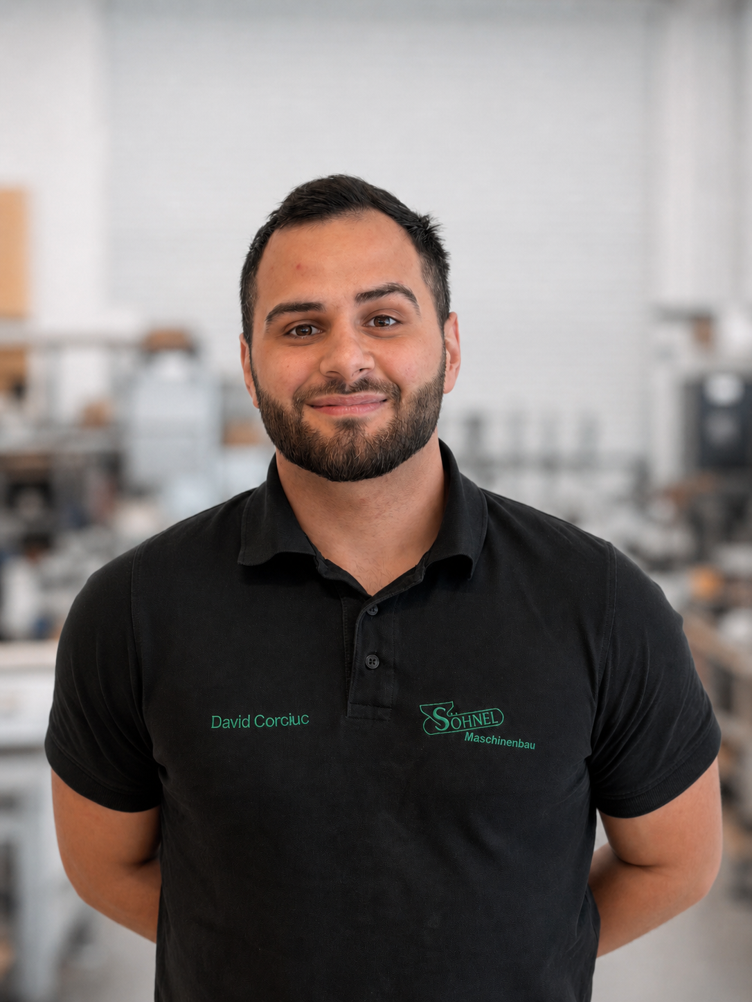 Porträt eines lächelnden Mannes mit kurzem dunklem Haar und Bart in einem schwarzen Poloshirt mit dem Logo von Söhnel Maschinenbau.