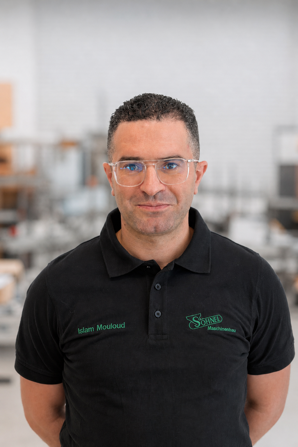 Mann mit kurzen lockigen Haaren und klaren Brillengläsern trägt schwarzes Poloshirt mit grüner Stickerei 'Islam Mouloud' und 'Sohnel Maschinenbau'.