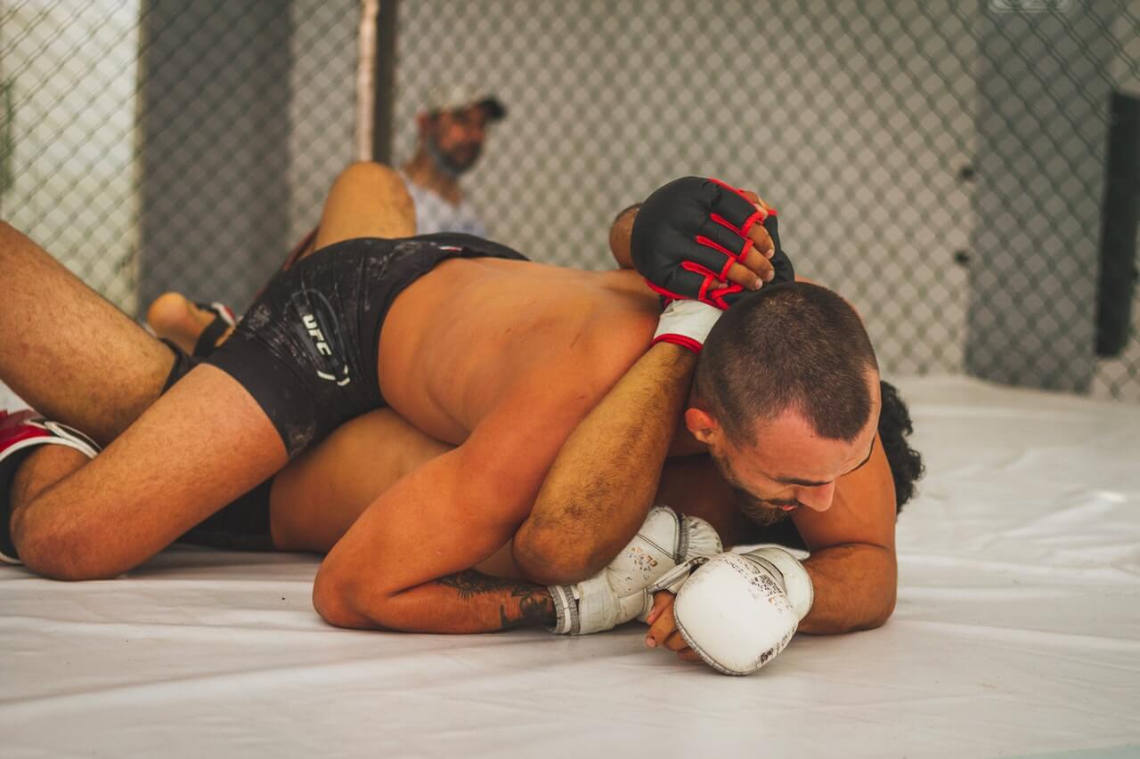 Mixed martial artists fighting in the octagon. 